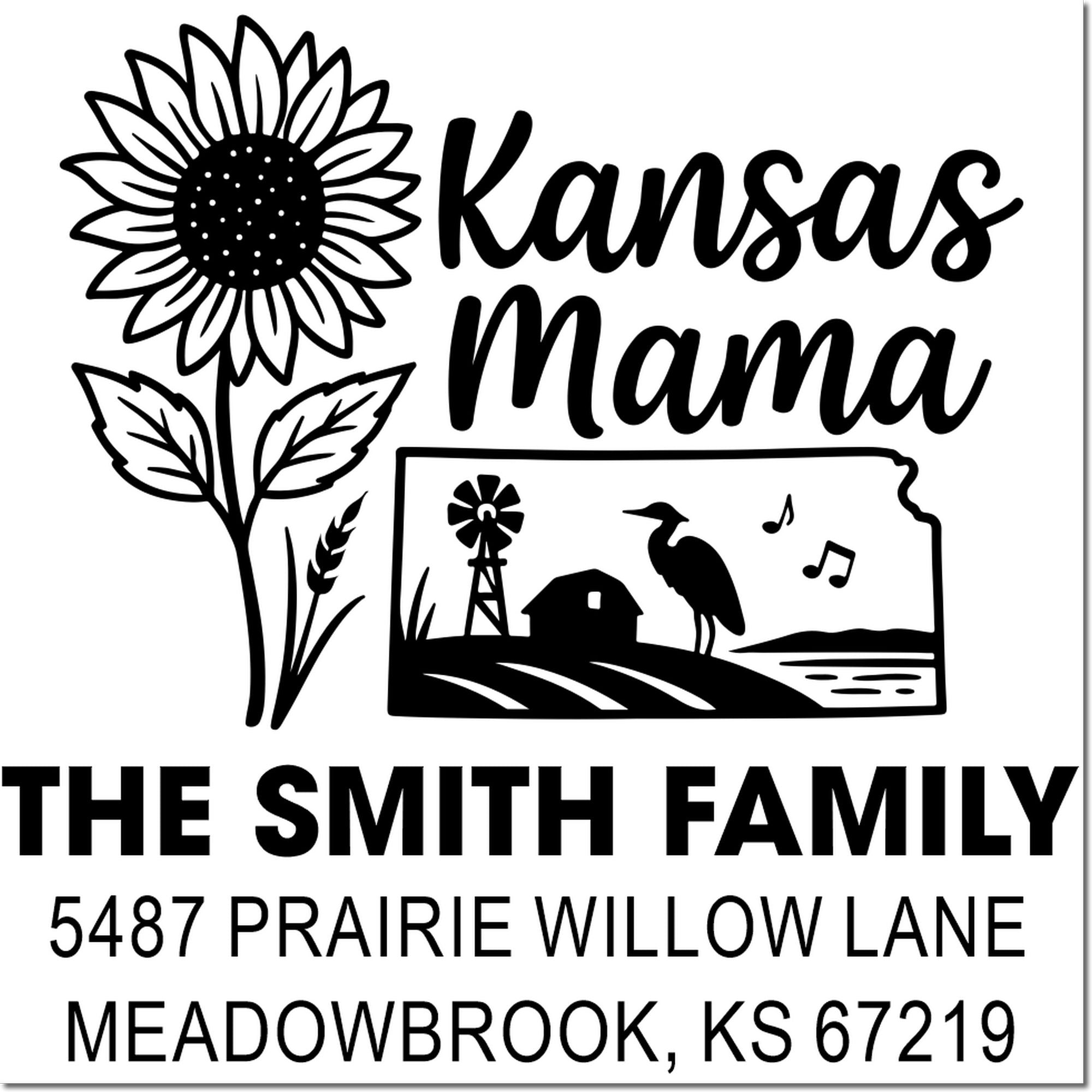 Custom Kansas family return address rubber stamp with sunflower, farm scene, and Smith family address