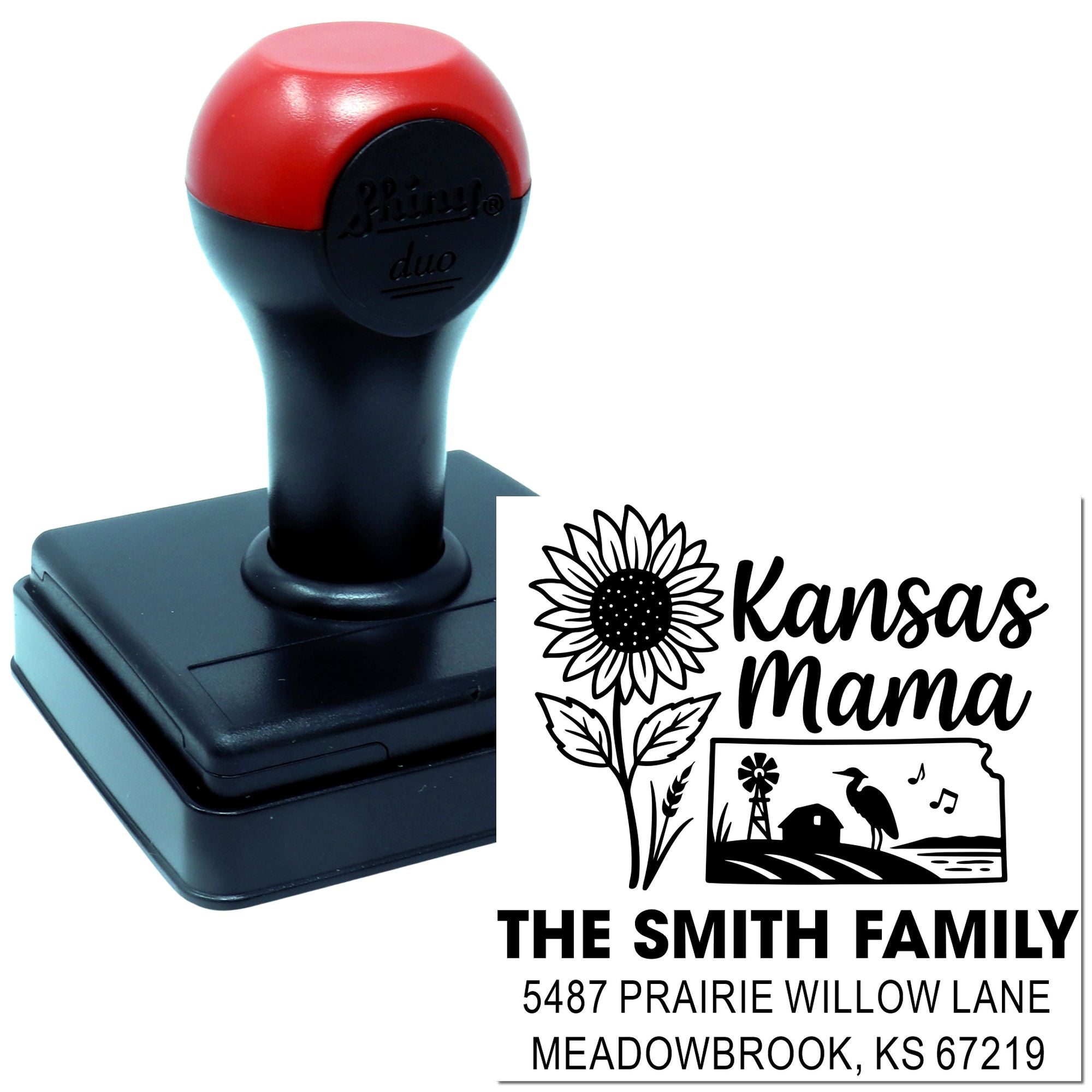 Custom self-inking rubber stamp with Kansas Mama sunflower design and personalized family address for mailing.