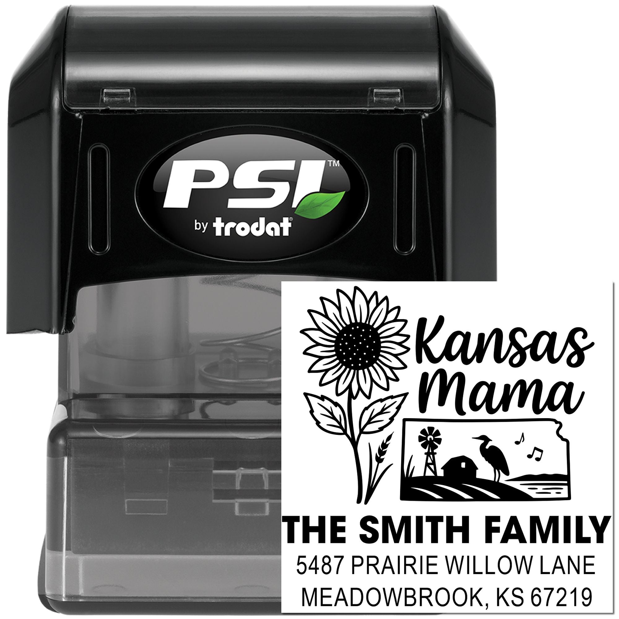 Custom self-inking rubber stamp by PSI Trodat with Kansas Mama family name and return address design for personalized mailing.