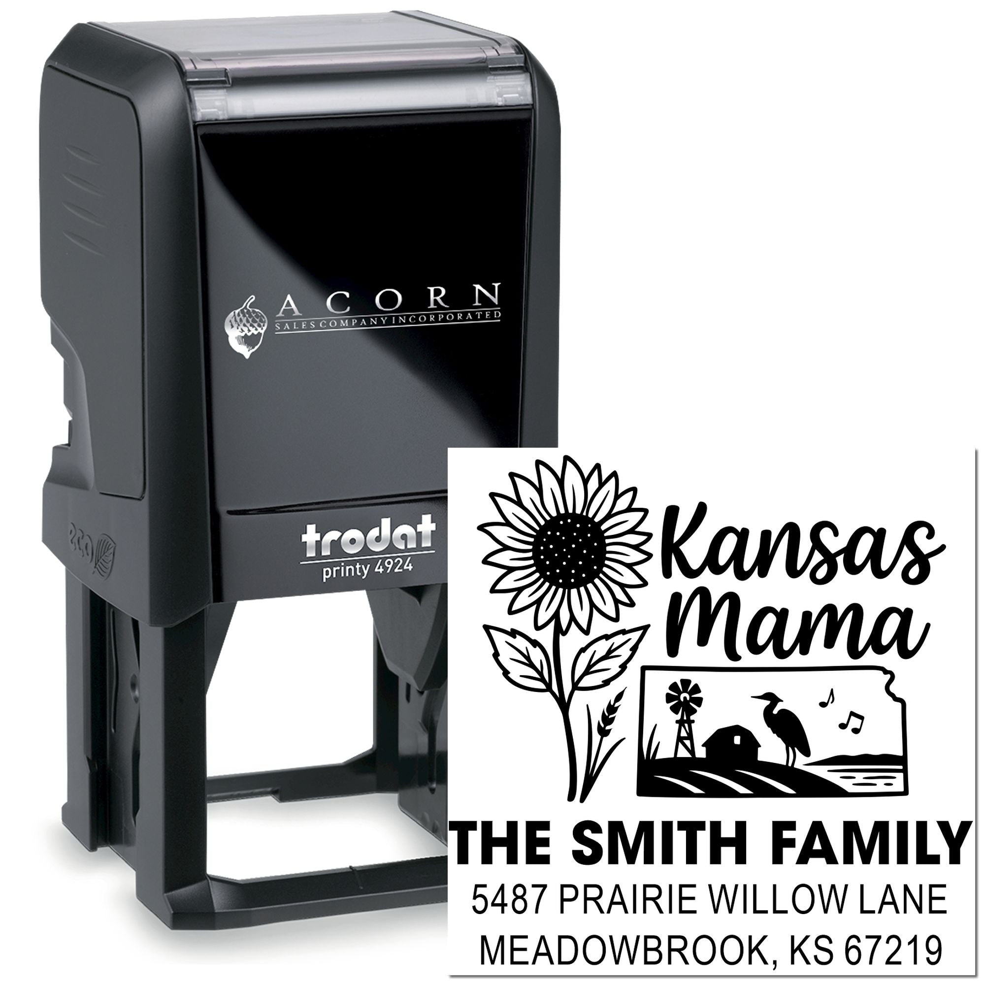 Custom Trodat Printy 4924 self-inking rubber stamp with Kansas Mama sunflower design and Smith family return address.