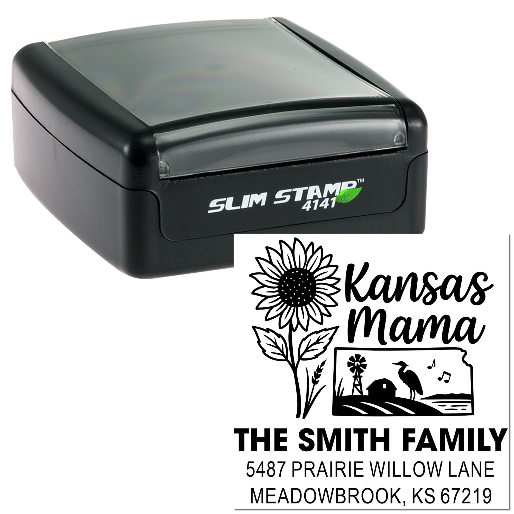 Personalized slim self-inking rubber address stamp with Kansas Mama sunflower design for family envelopes.