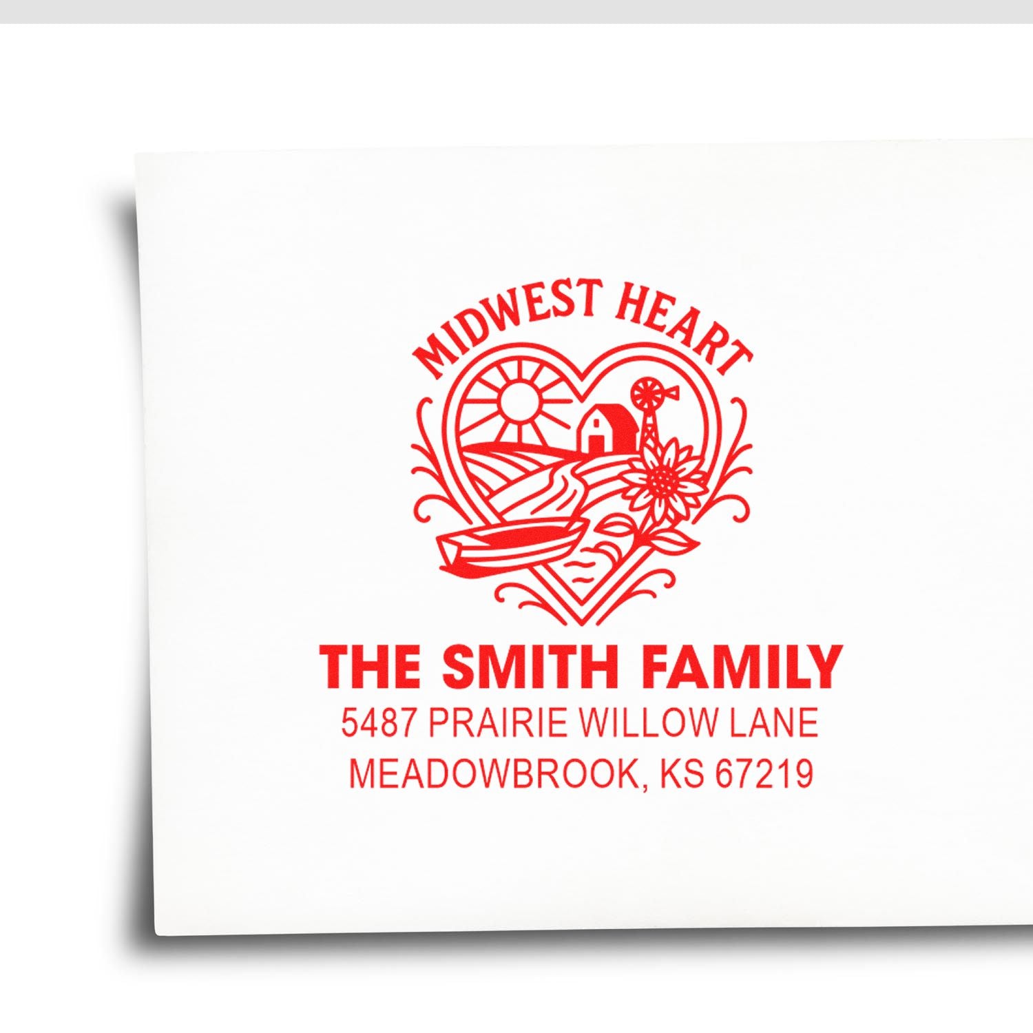 Custom rubber stamp with Midwest Heart farm design and The Smith Family return address in red ink for mailing and stationery.