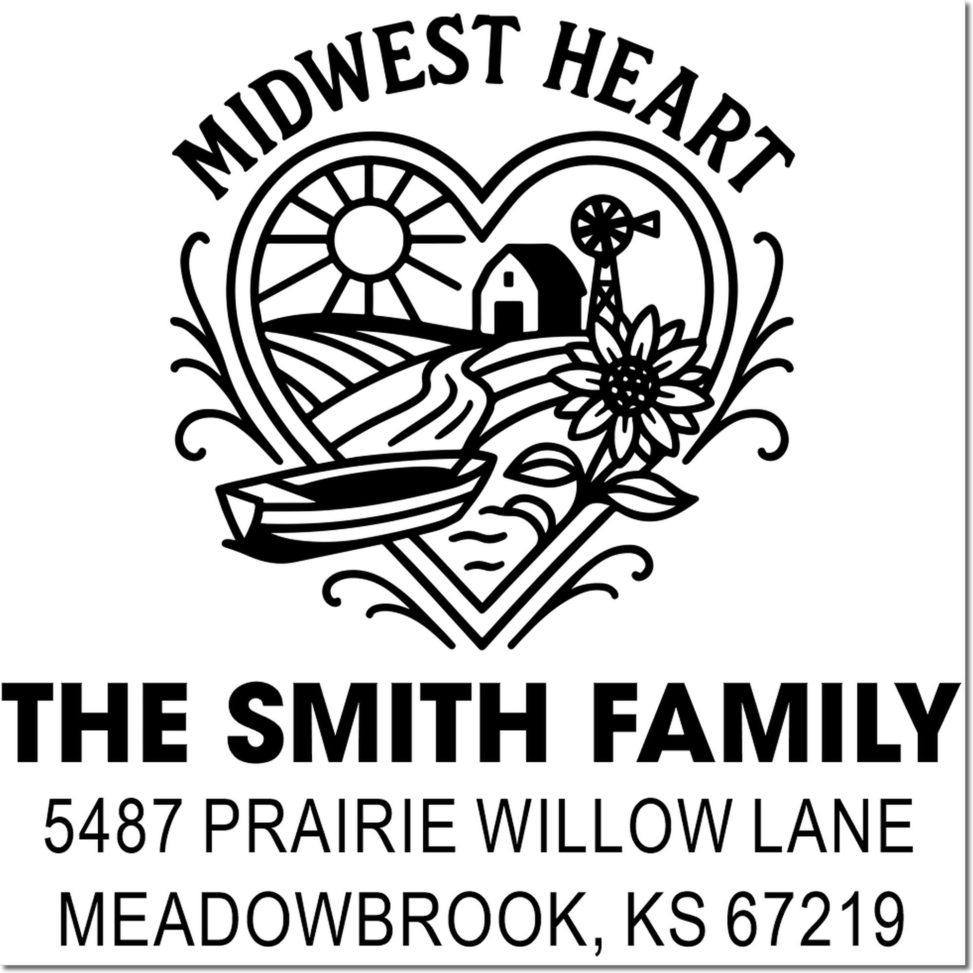 Custom Midwest Heart family address rubber stamp for The Smith Family, 5487 Prairie Willow Lane, Meadowbrook, KS 67219.