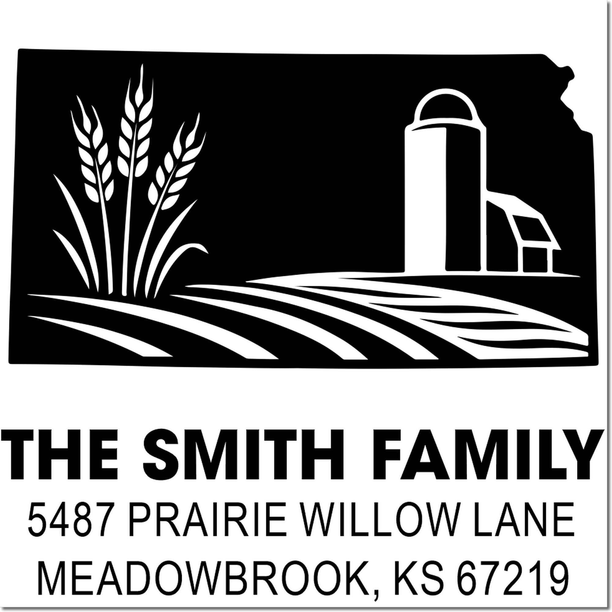 Personalized return address rubber stamp with farm silo and wheat design for The Smith Family, Meadowbrook, KS.