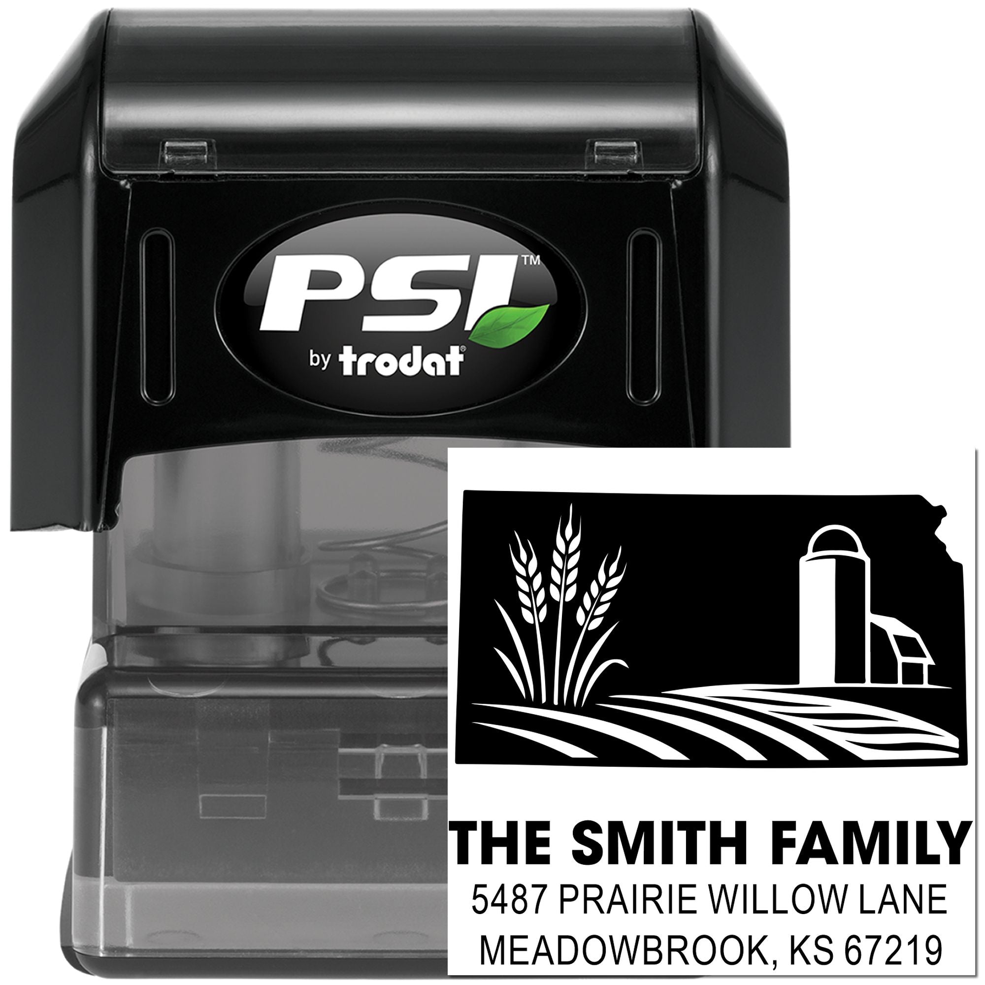 PSI by Trodat custom self-inking address rubber stamp with farm logo and family return address