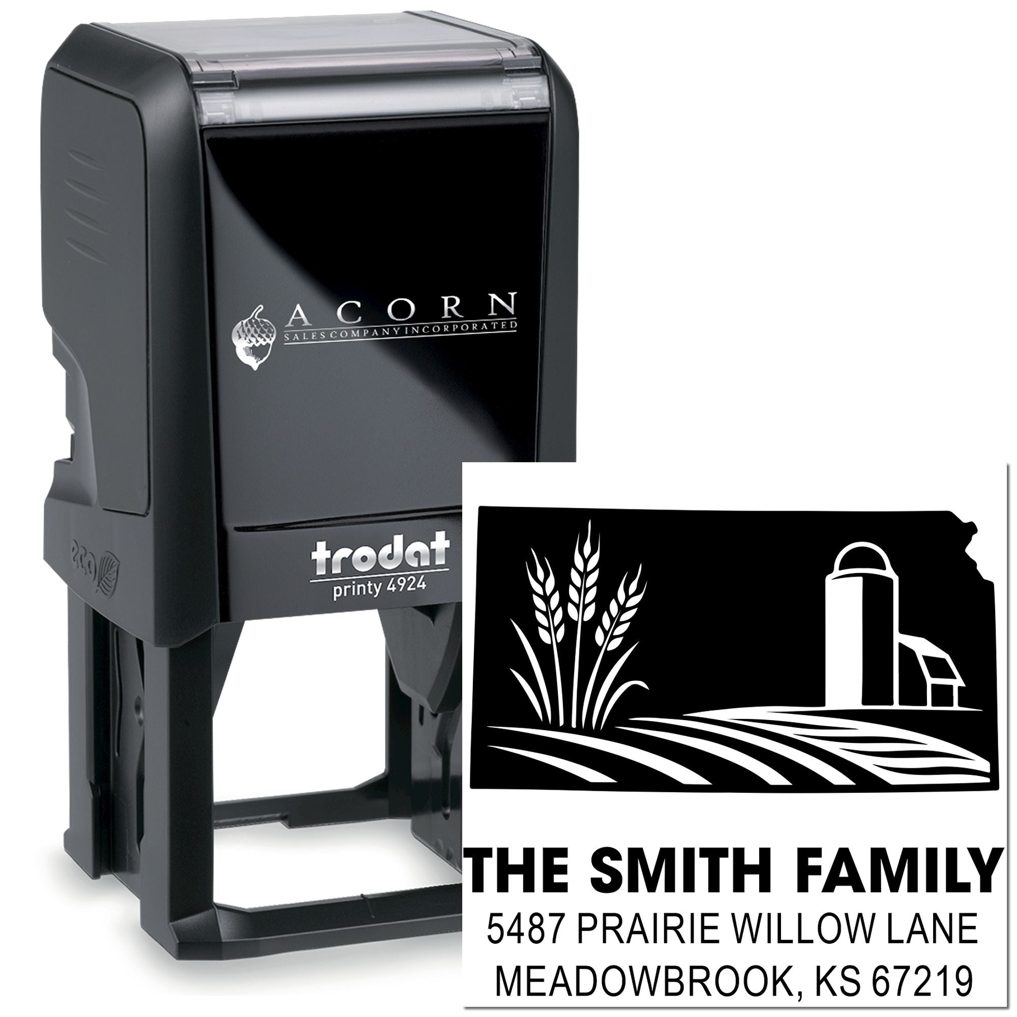 Personalized self-inking return address rubber stamp with farm logo and The Smith Family address for mailing envelopes.