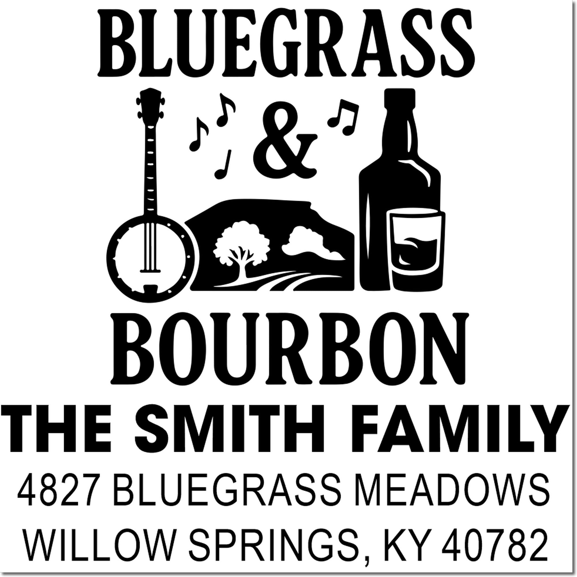 Custom Bluegrass Bourbon family address rubber stamp for The Smith family, with guitar, bourbon bottle and Kentucky home design.