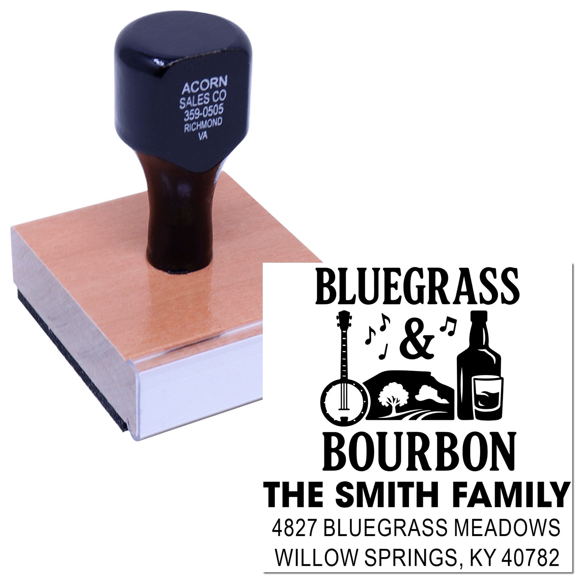 Custom rubber return address stamp for Bluegrass Bourbon family, with music and bourbon design for personalized mailing.