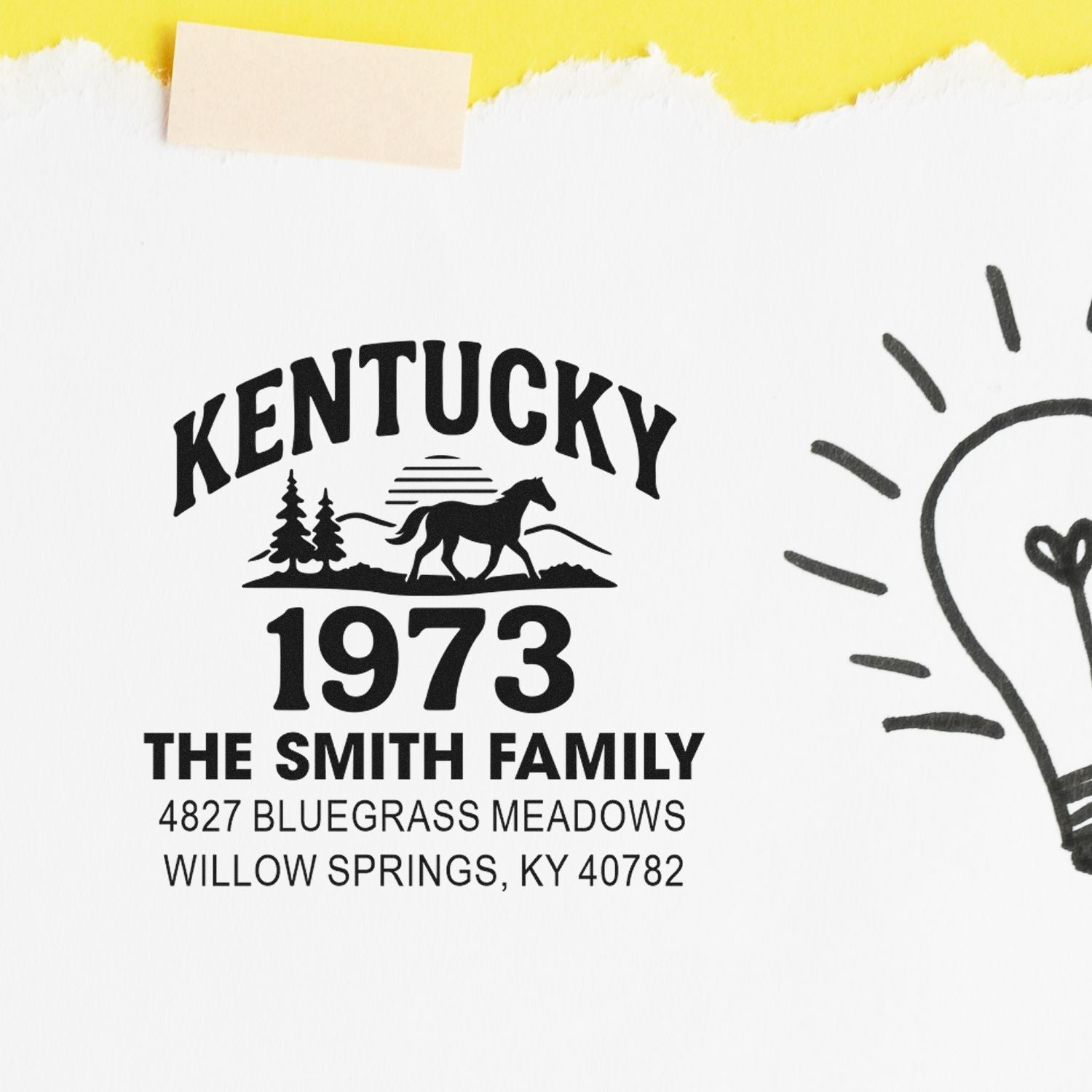 Custom Kentucky 1973 return address rubber stamp for The Smith Family, with horse design and Willow Springs, KY address.