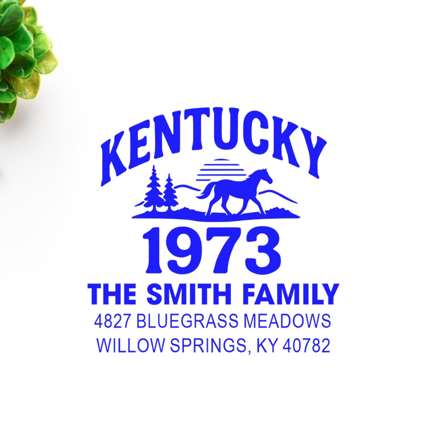 Custom Kentucky 1973 family address rubber stamp with horse graphic for The Smith Family, Willow Springs, KY.