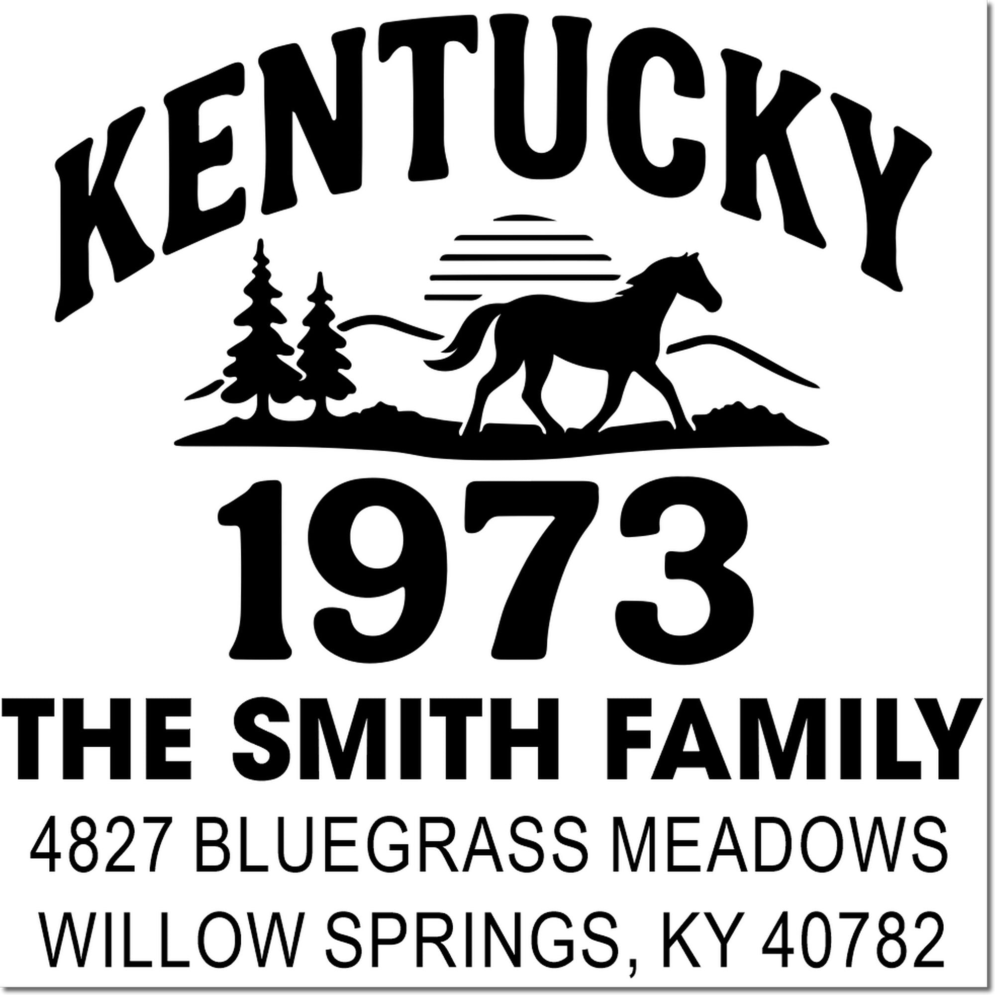 Kentucky horse return address rubber stamp for The Smith Family, 4827 Bluegrass Meadows, Willow Springs, KY 40782