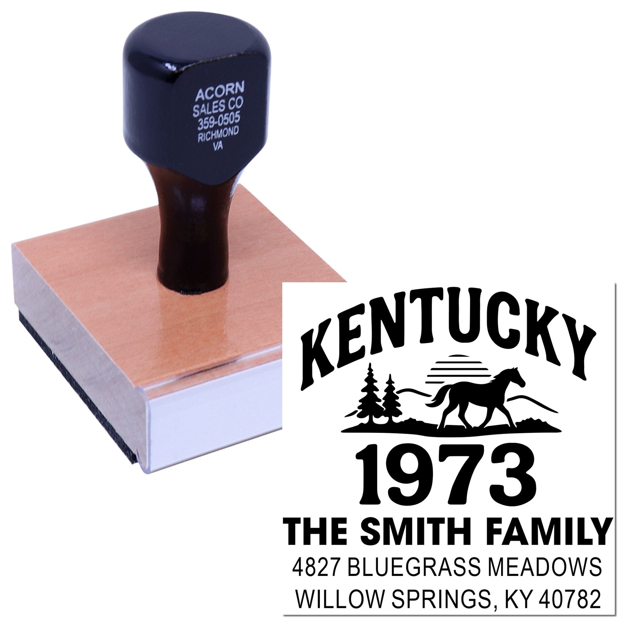 Custom Kentucky family return address rubber stamp with horse design and 1973 personalized home address.