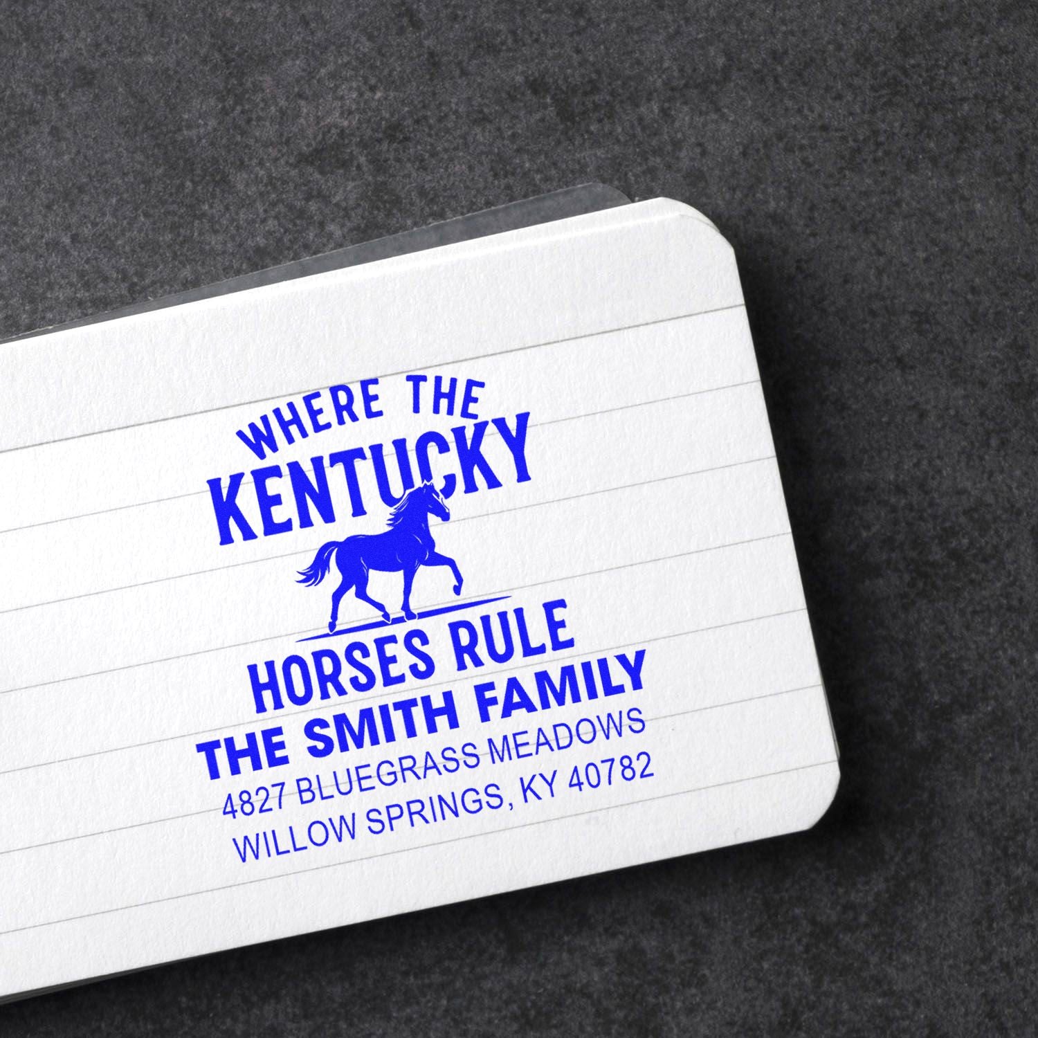 Custom Kentucky horse family address rubber stamp for The Smith Family with equestrian design.