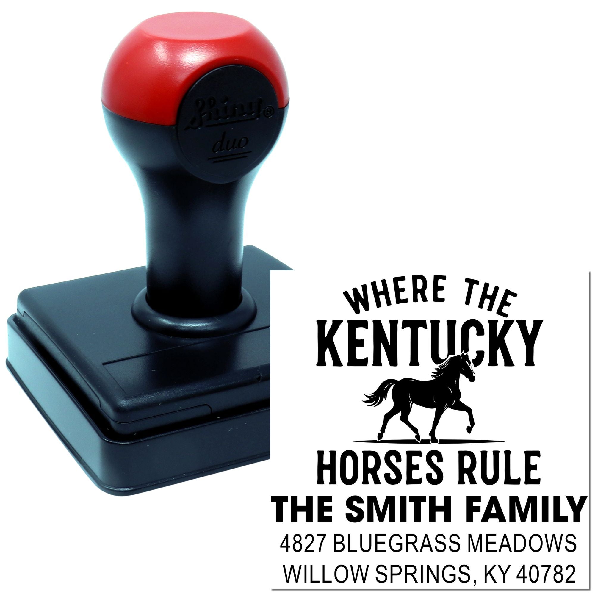 Custom self-inking rubber address stamp with Kentucky horse design for Smith family personalized mailings.