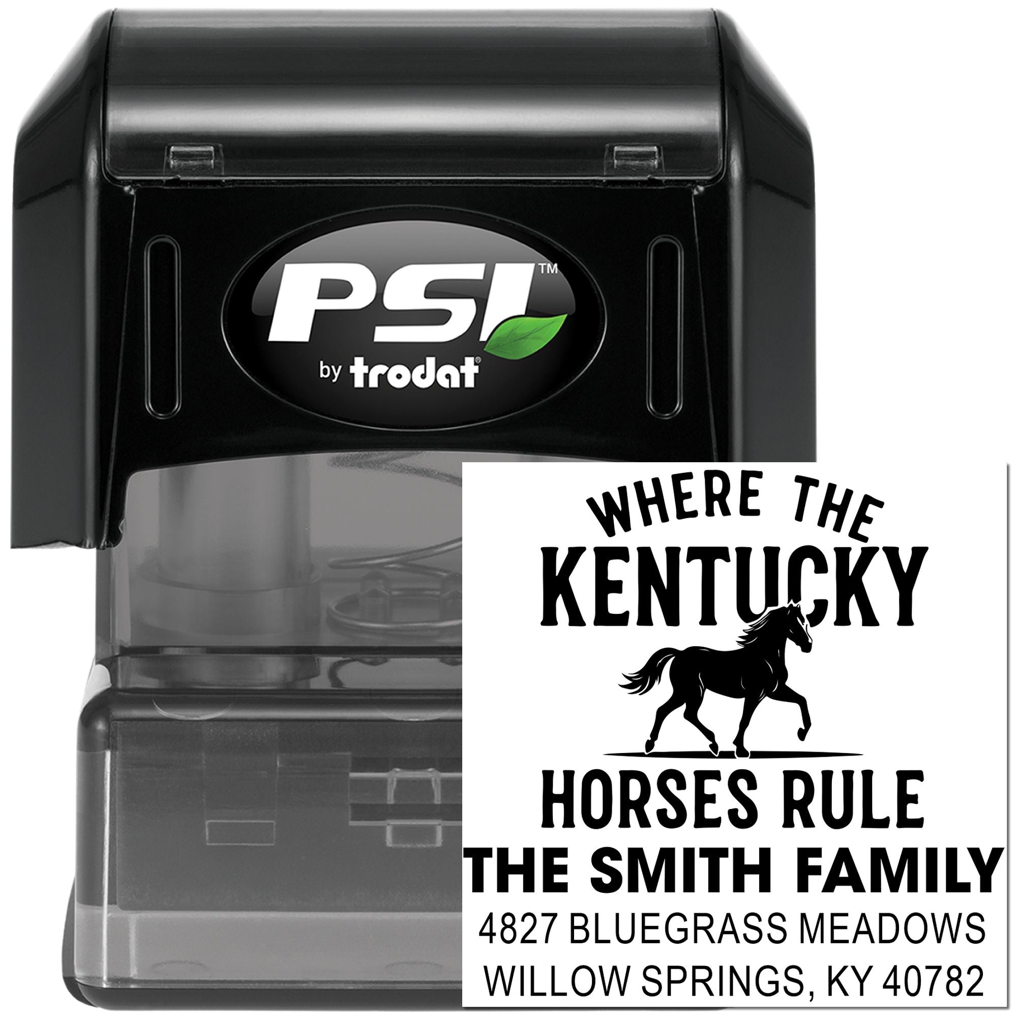 Custom Kentucky horse lover address rubber stamp with family name and return address, self-inking PSI by Trodat.