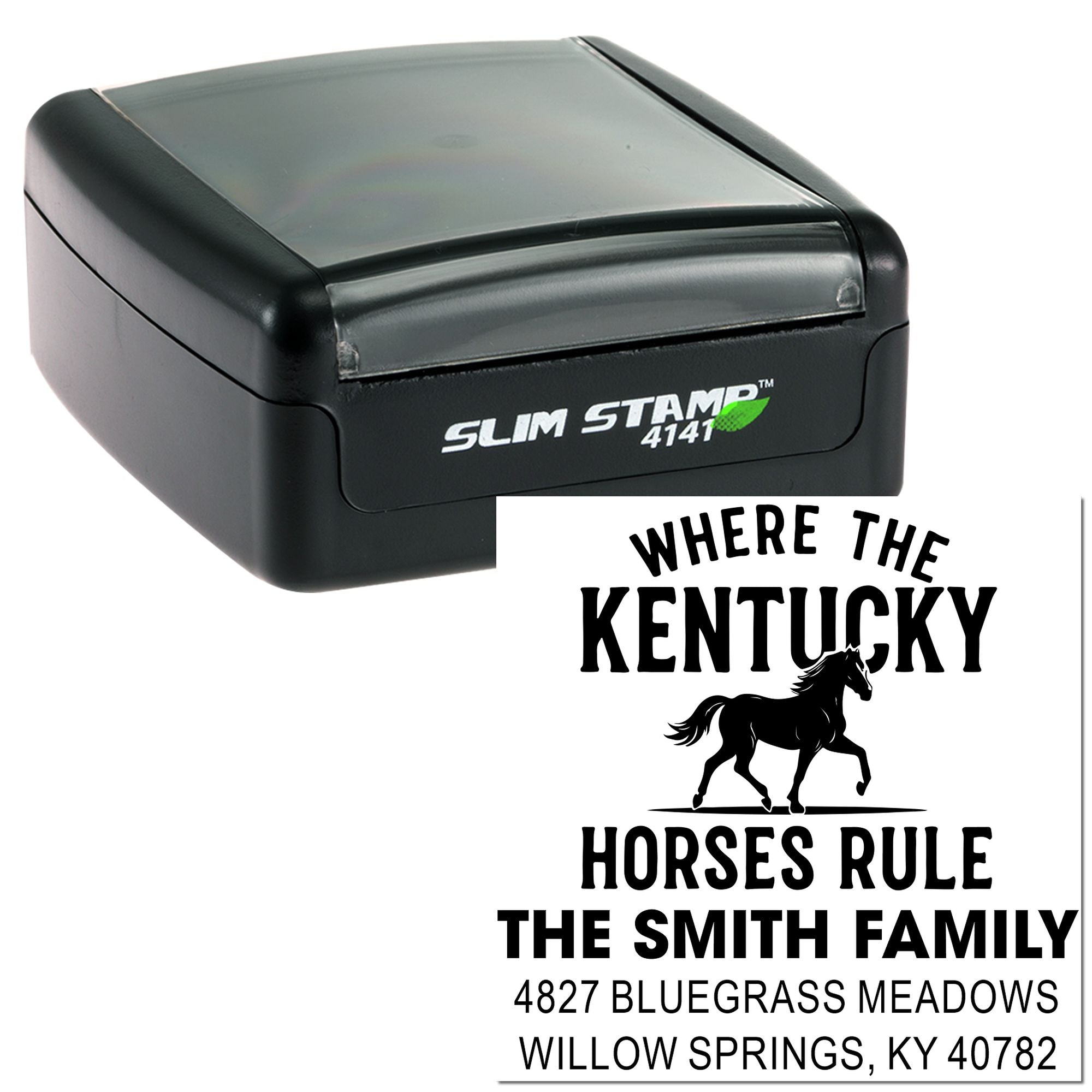 Custom Kentucky horse address rubber stamp with Slim Stamp 4141 self-inking stamp for The Smith Family