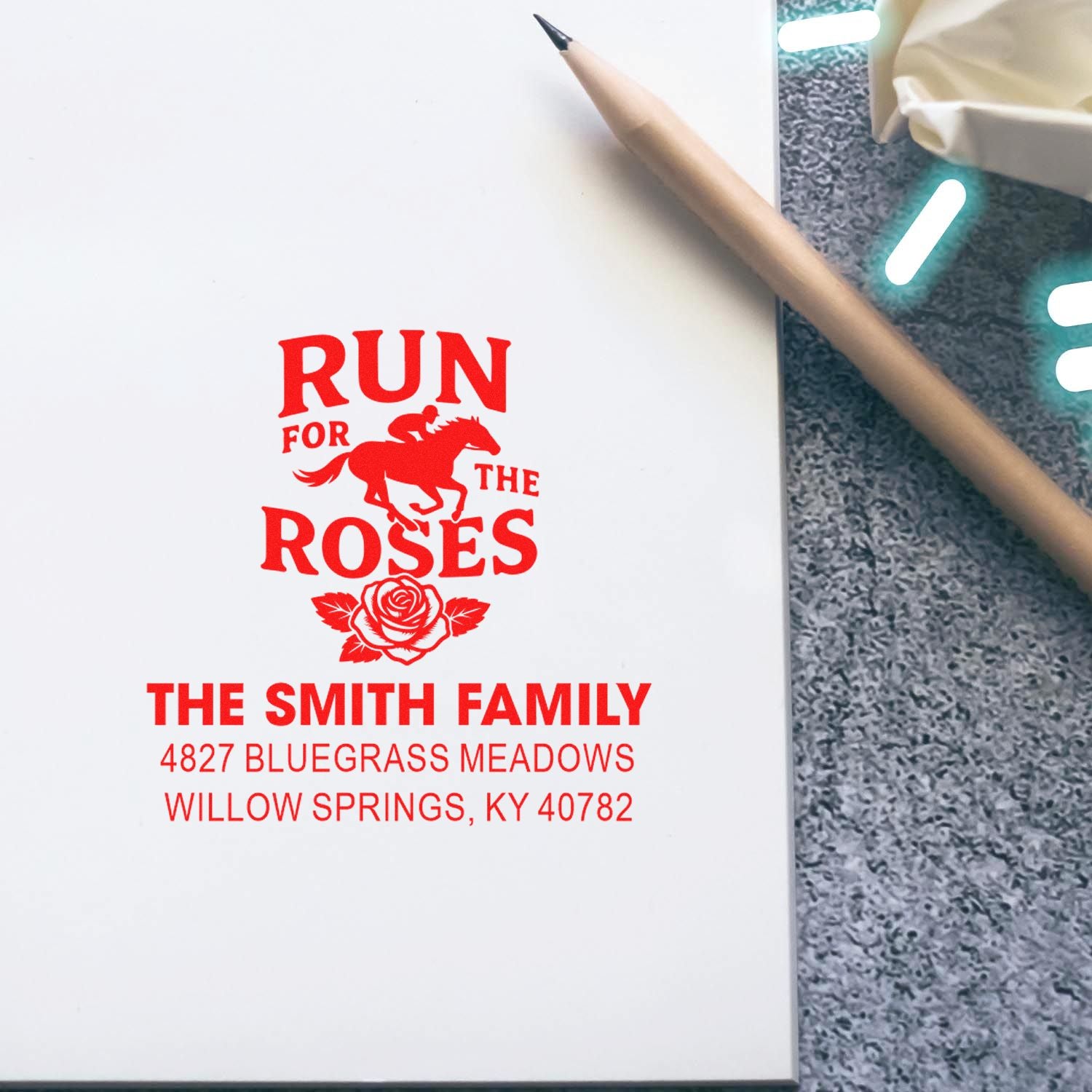 Personalized rubber stamp with Run for the Roses horse design and Smith Family return address