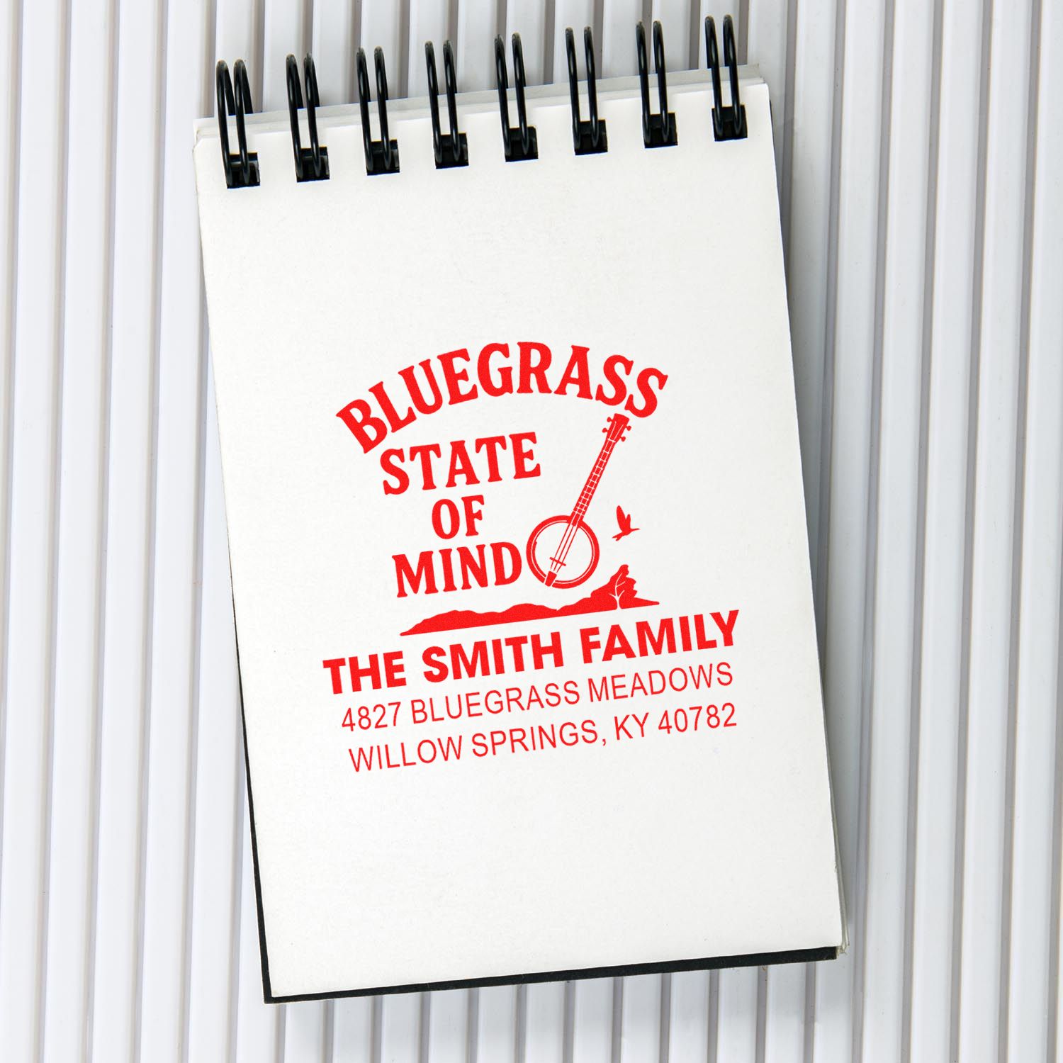 Custom Bluegrass State of Mind rubber return address stamp for The Smith Family, with personalized music-themed design.
