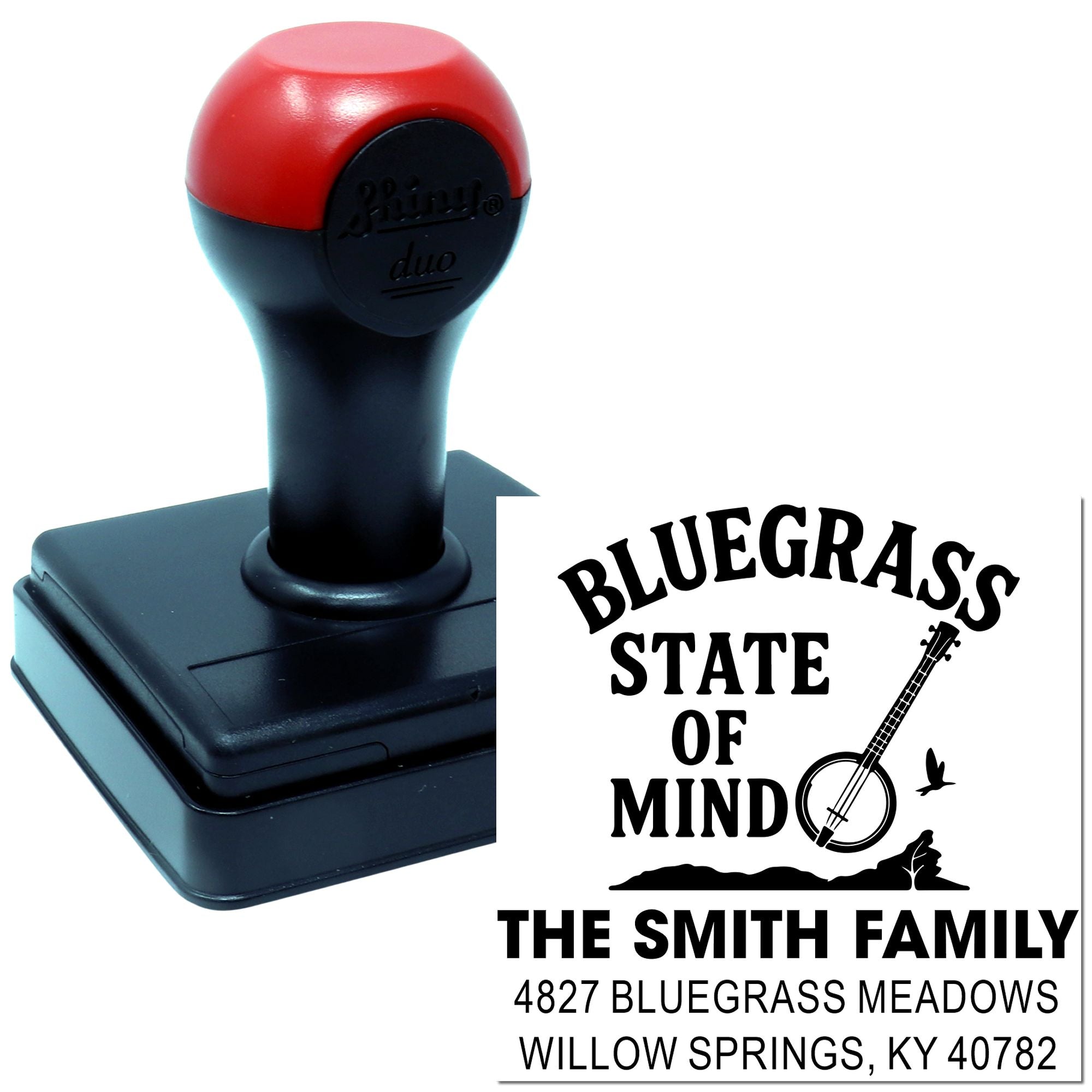 Custom self-inking address rubber stamp for The Smith Family, Bluegrass State of Mind design, Willow Springs KY.