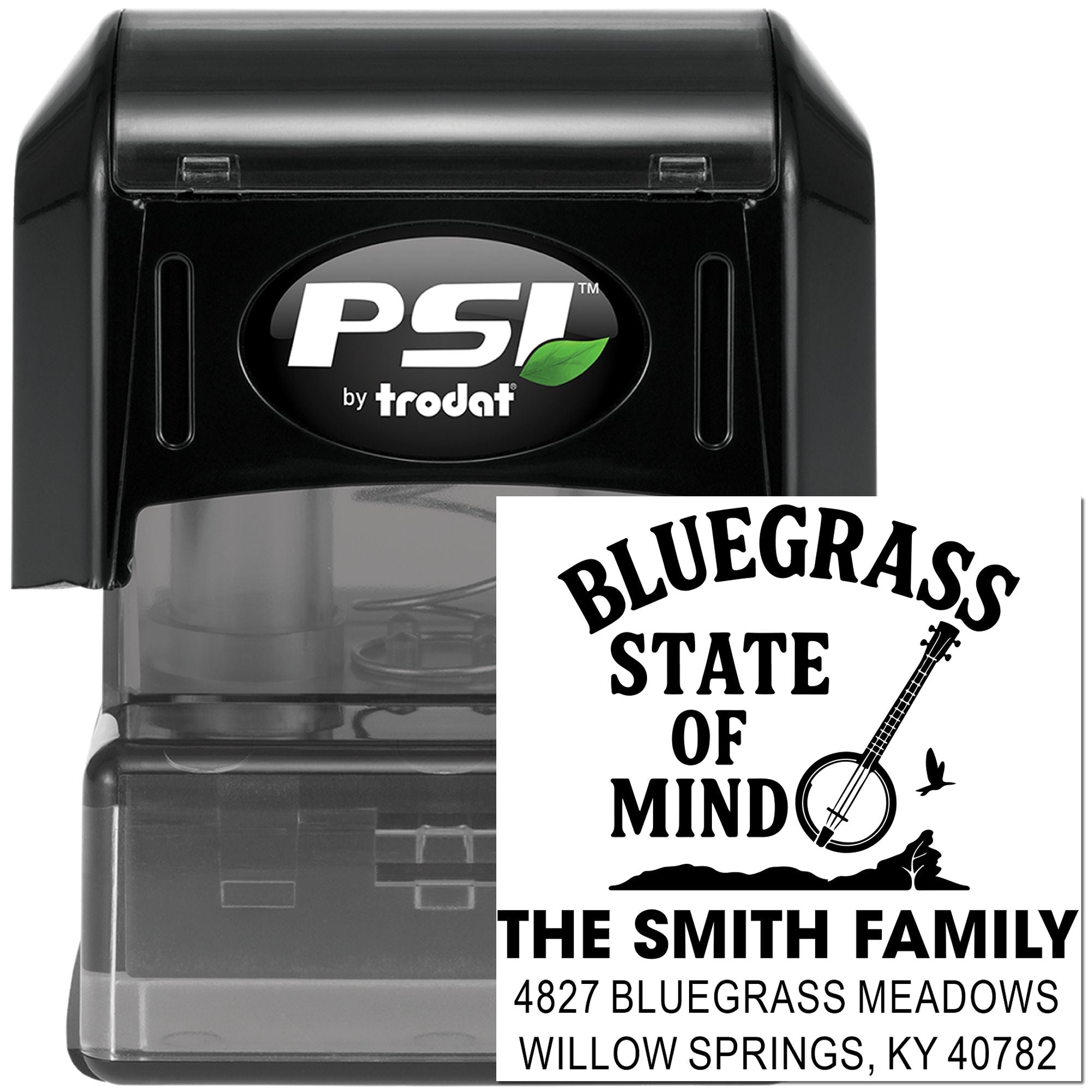 PSI by Trodat self-inking custom rubber address stamp with Bluegrass State of Mind family design