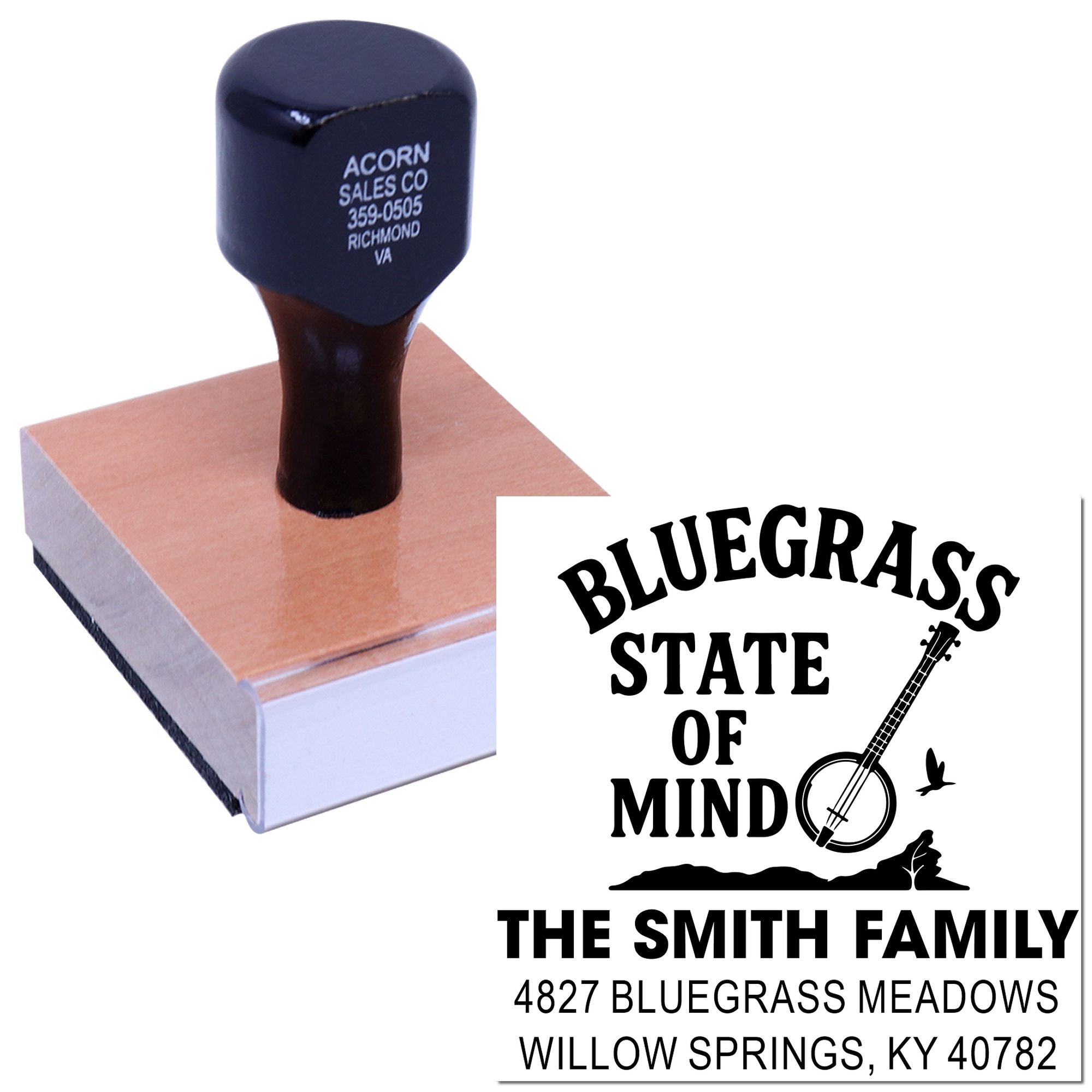 Personalized Bluegrass State of Mind rubber address stamp for The Smith Family with Kentucky return address and banjo design.