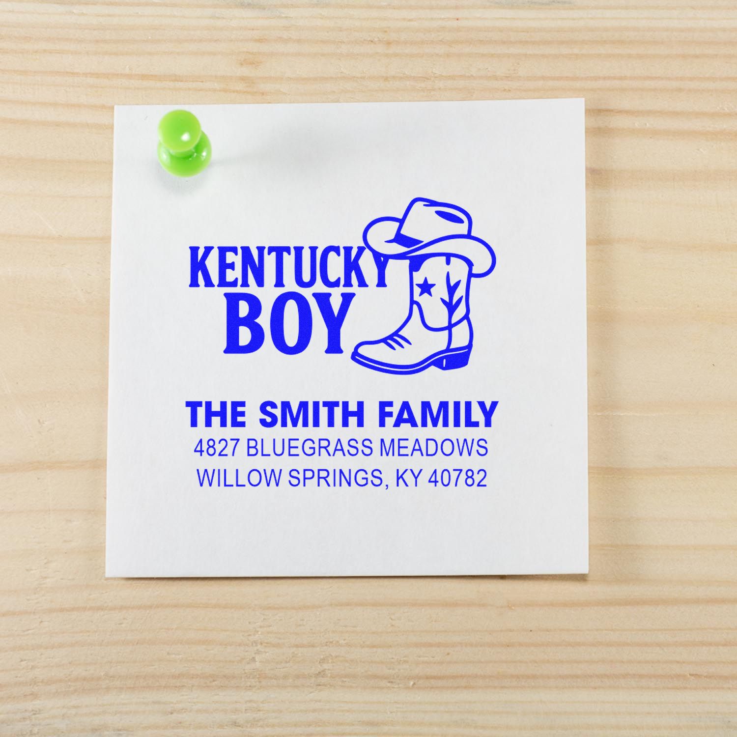 Custom Kentucky Boy return address rubber stamp with cowboy boot design for The Smith Family, Willow Springs, KY.