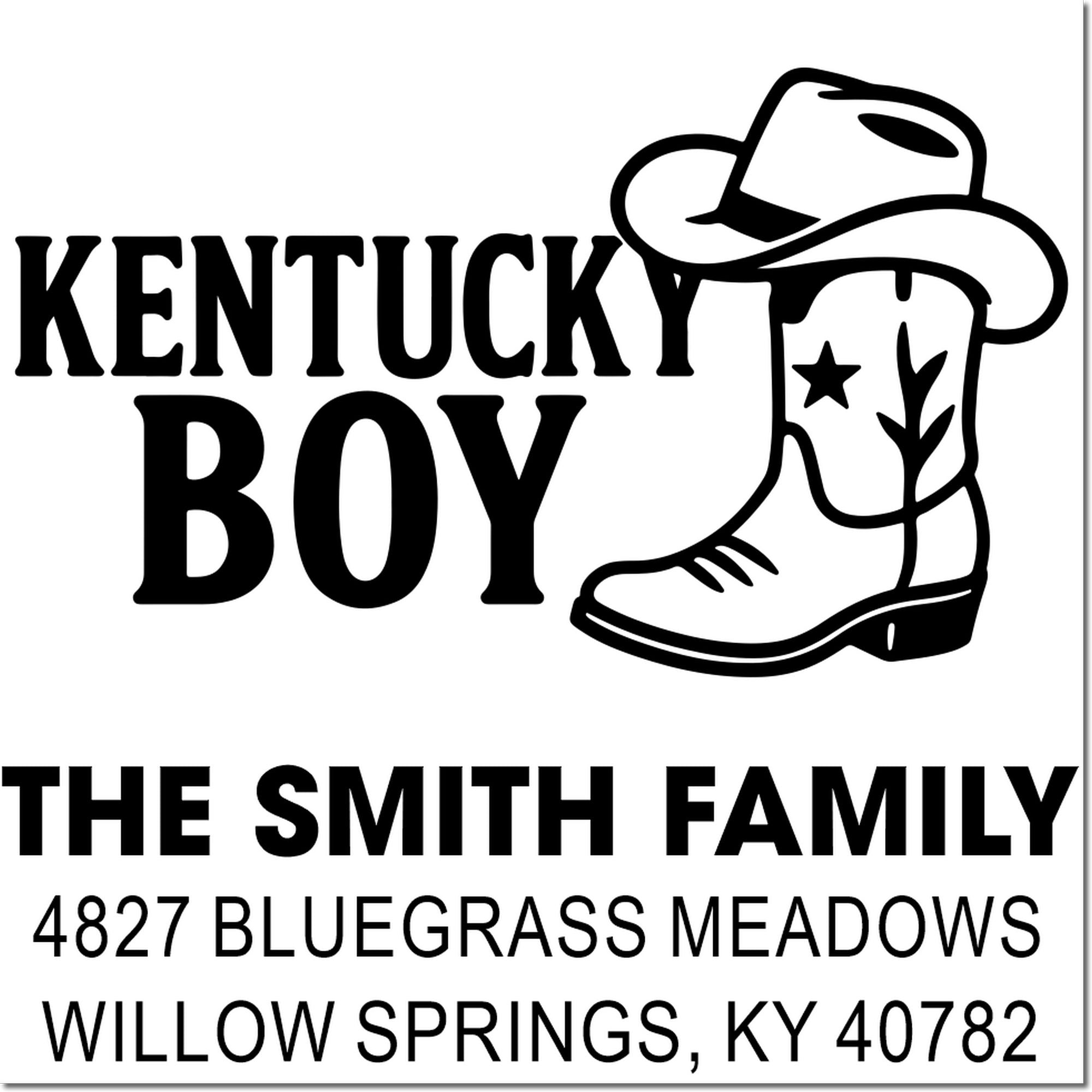 Kentucky Boy custom rubber stamp with cowboy boot, The Smith Family name, and return address.