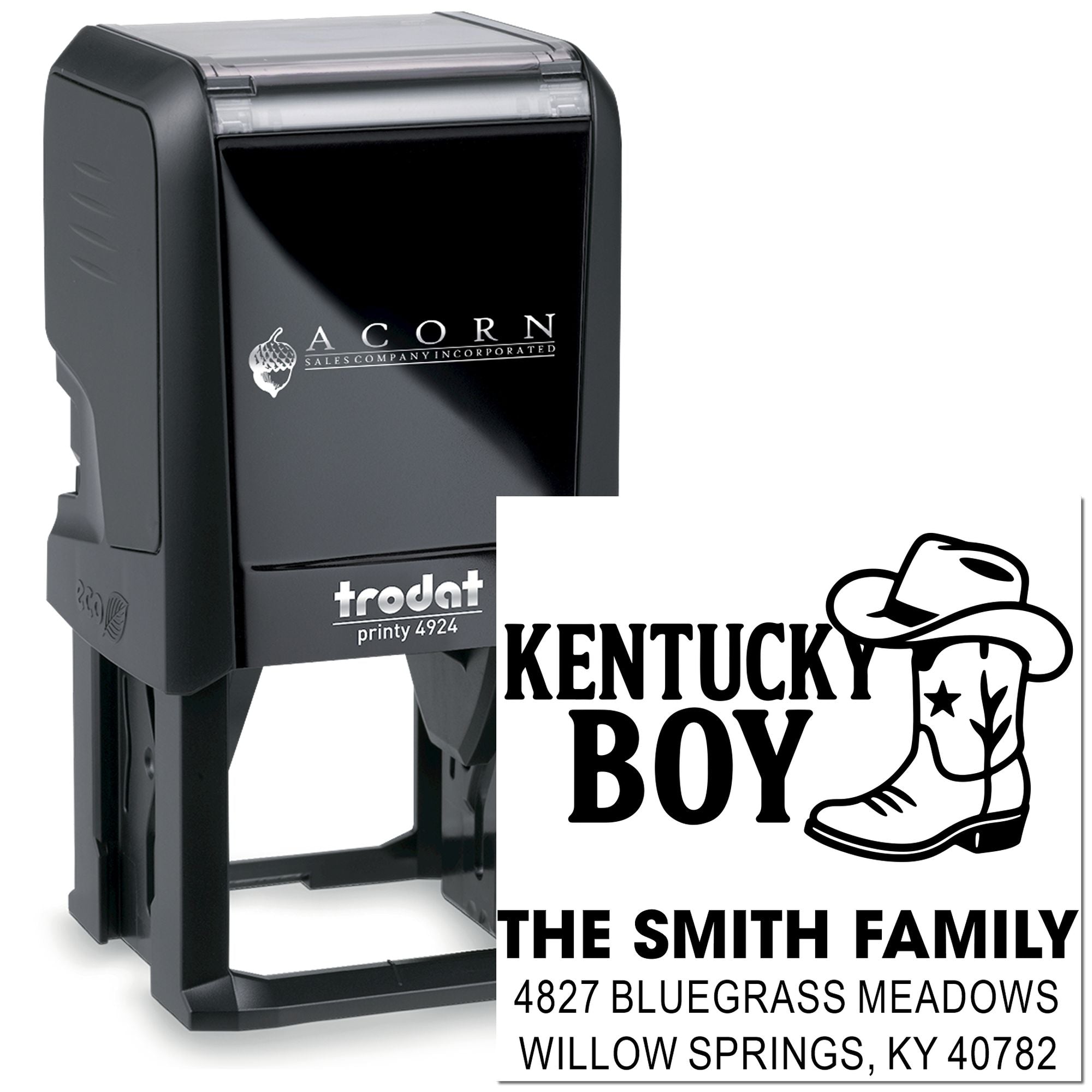Personalized Kentucky Boy self-inking rubber stamp with cowboy boot design, Smith family name, and address.