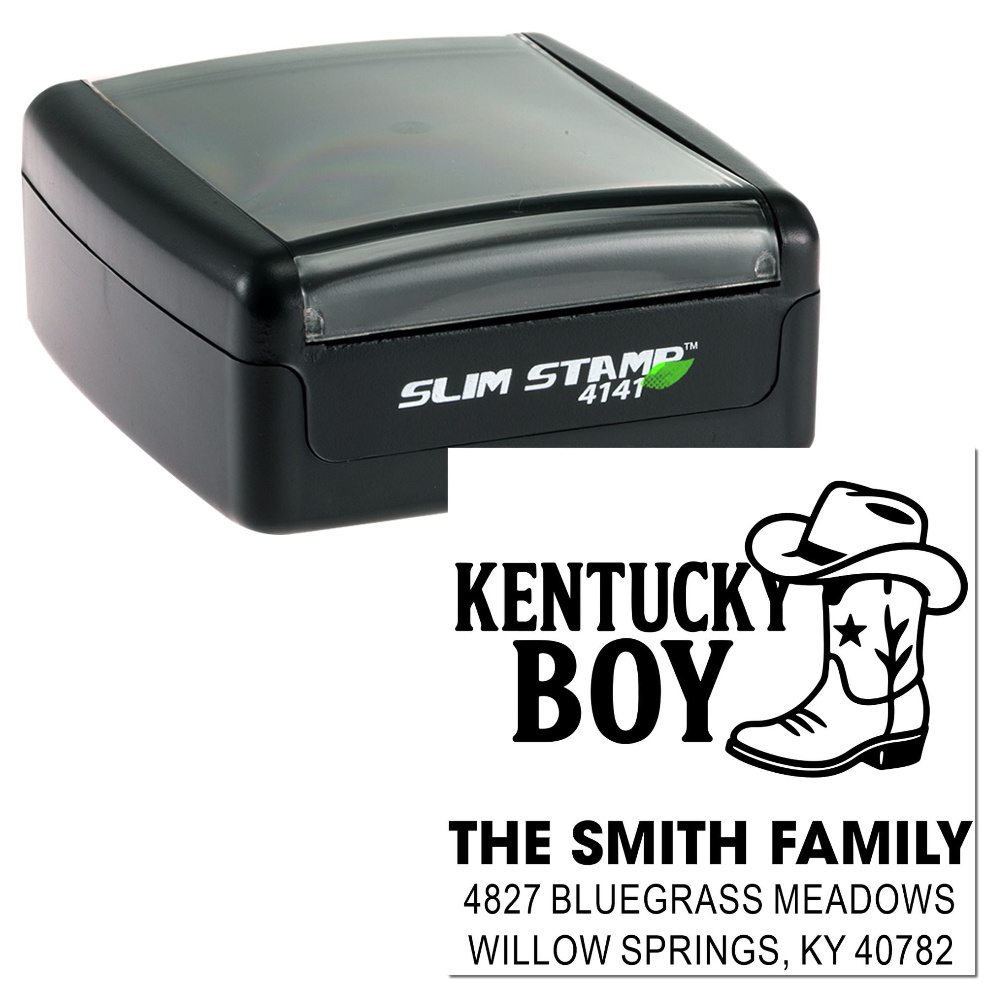 Self-inking Slim Stamp 4141 custom return address rubber stamp with Kentucky Boy design for The Smith Family.