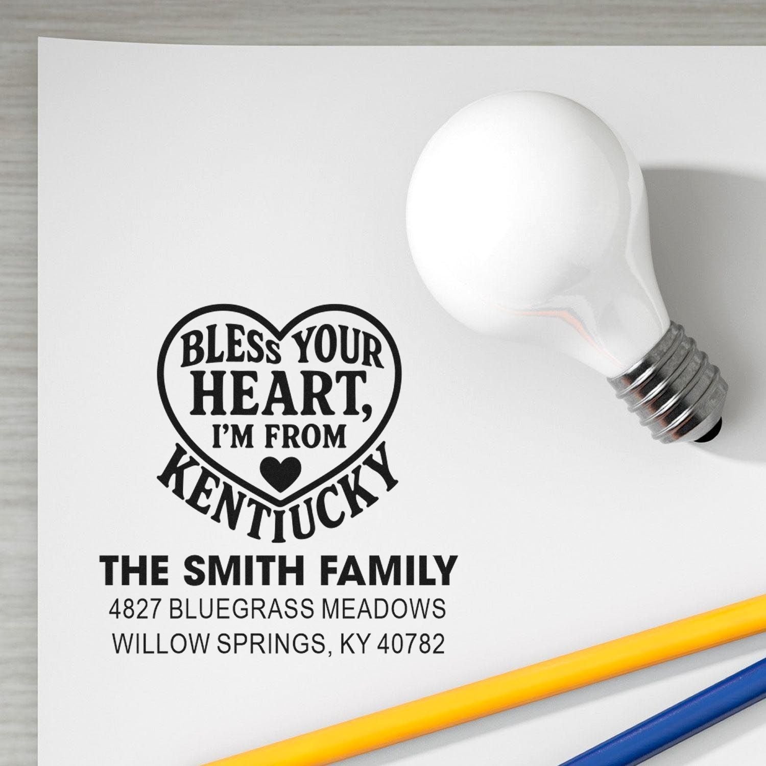 Custom rubber address stamp with heart design, Kentucky slogan, and The Smith Family return address for personalized mailings.
