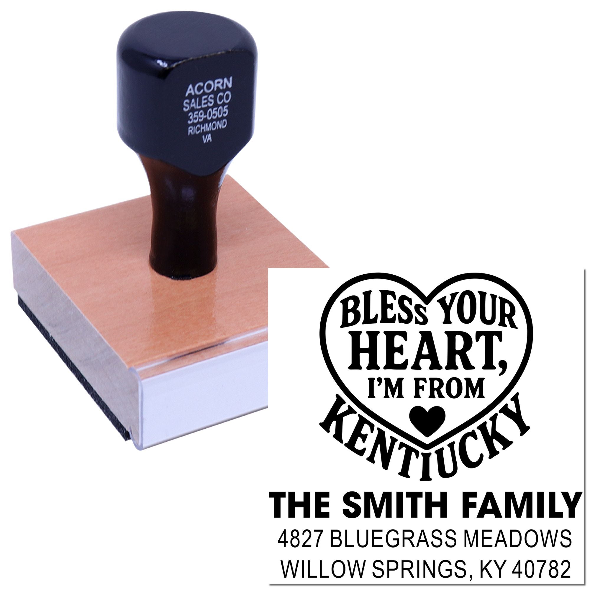 Personalized Kentucky rubber address stamp with heart design, featuring Bless Your Heart, Im From Kentucky and Smith family details.