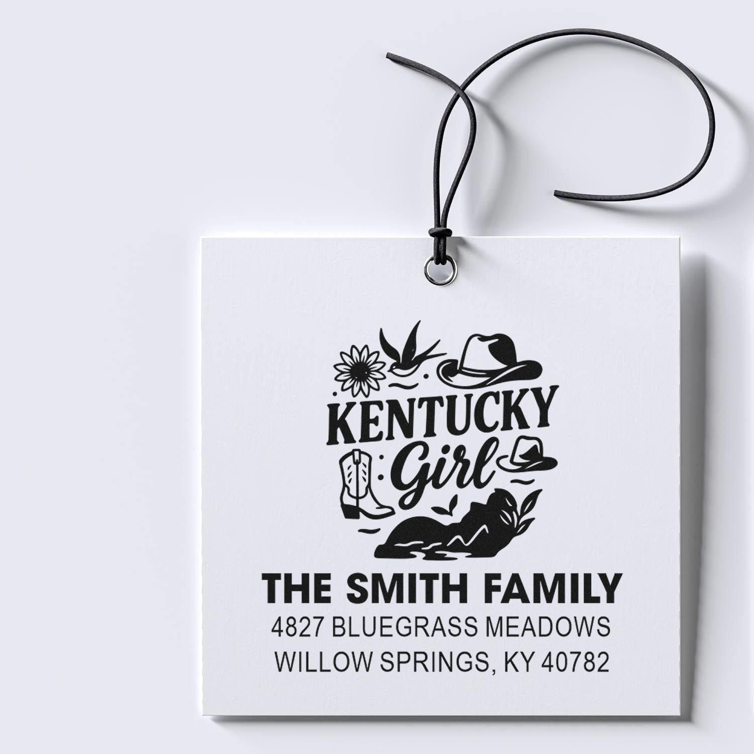 Custom Kentucky Girl return address rubber stamp for The Smith Family, with personalized address for mail and gift tags.