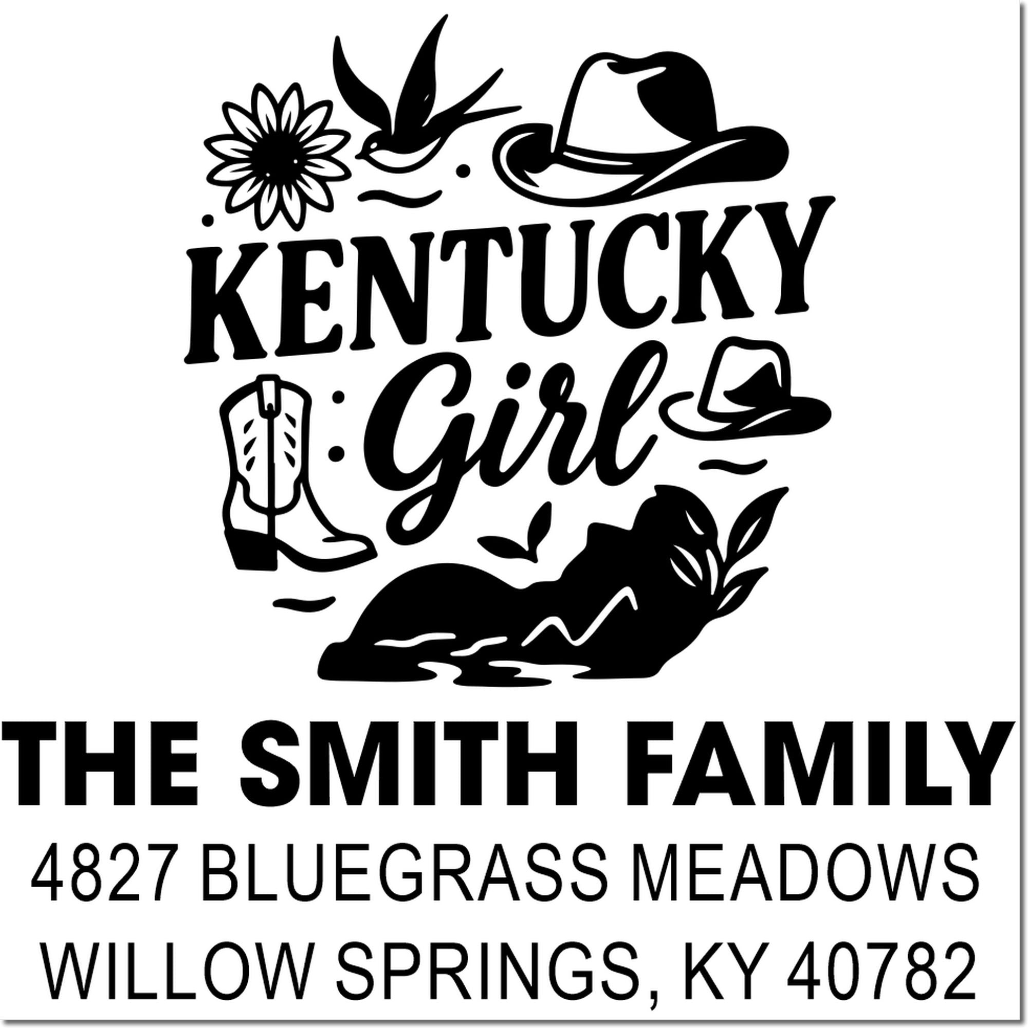 Kentucky Girl custom address rubber stamp for The Smith Family, Willow Springs, KY, with western icons.