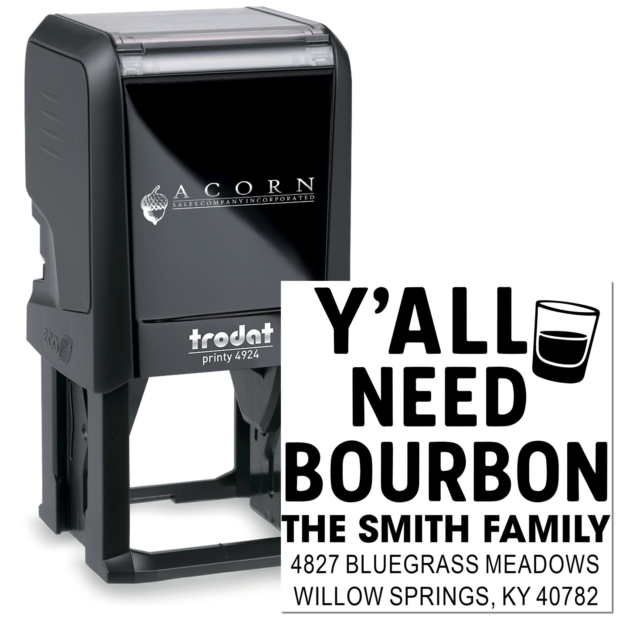 Custom self-inking rubber address stamp with Yall Need Bourbon design for personalized mail, gifts, and Kentucky branding.