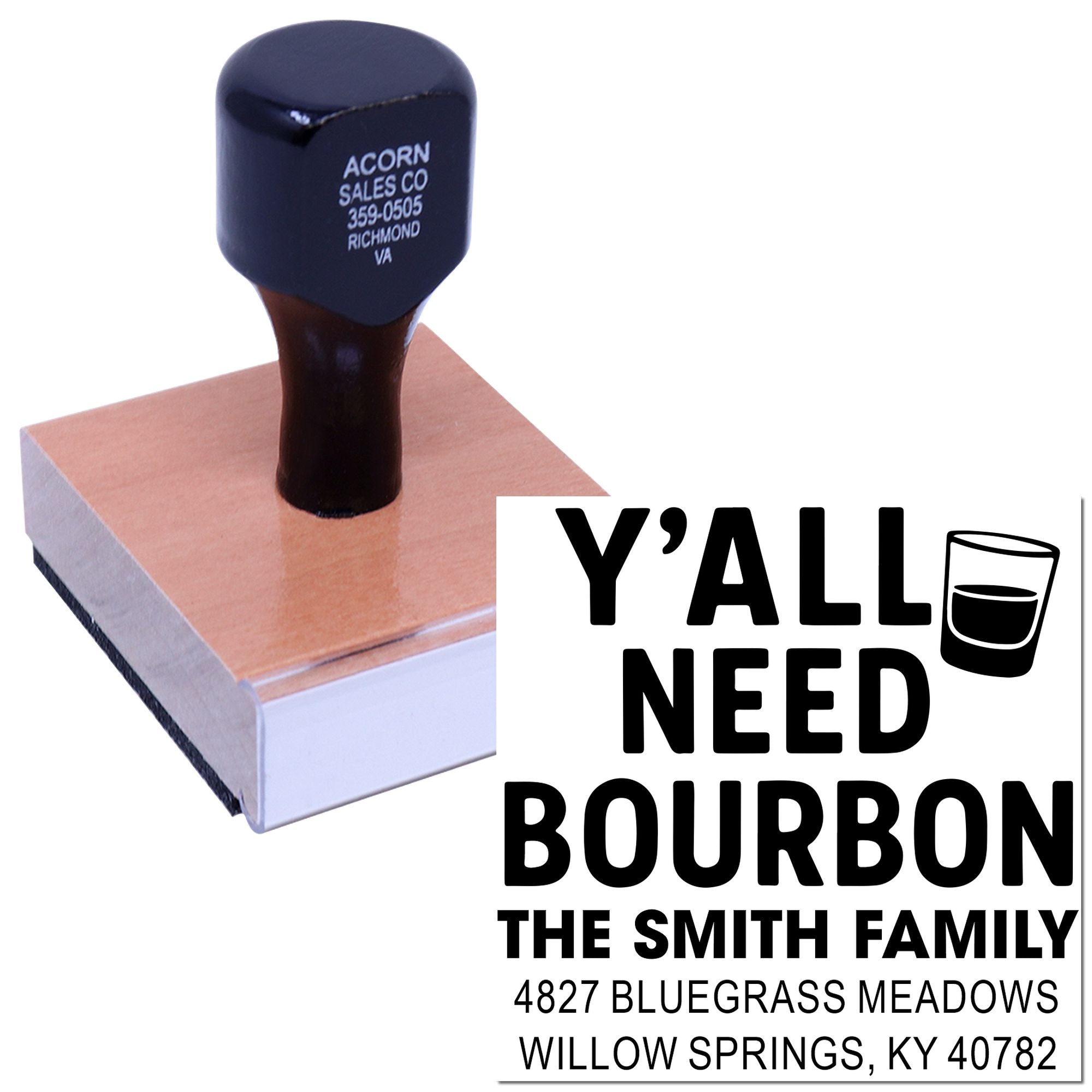 Custom bourbon-themed return address rubber stamp with family name and address for personalized whiskey gifts and invitations.