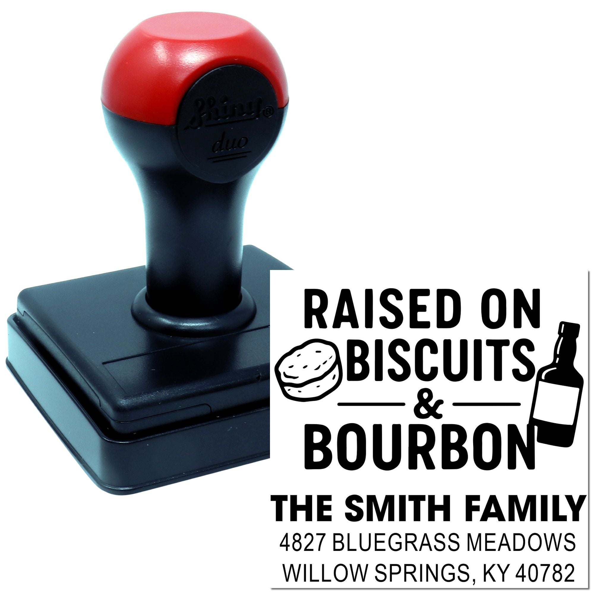 Custom self-inking rubber stamp with Raised on Biscuits & Bourbon family address design for personalized mailings and gifts.