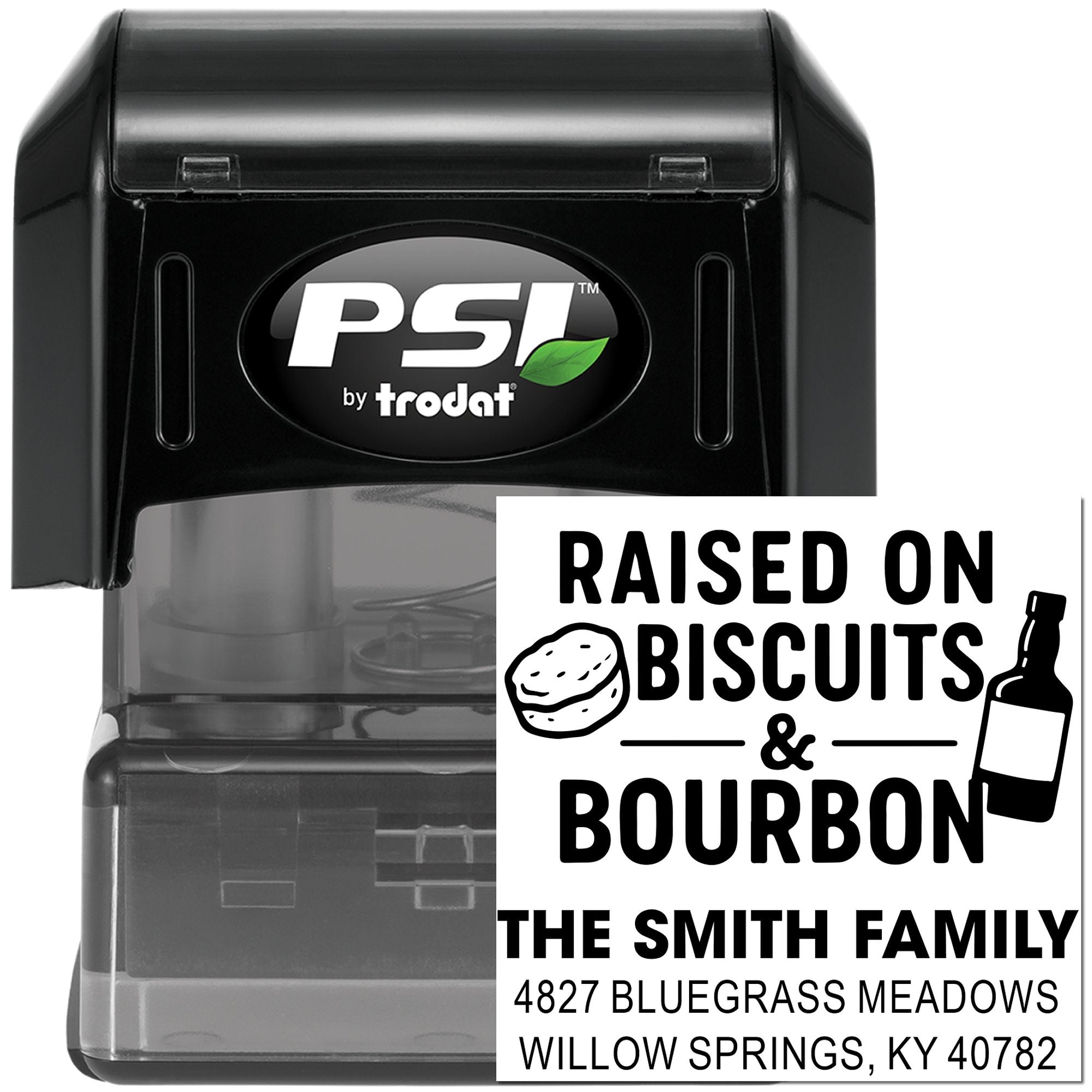 PSI by Trodat self-inking custom address rubber stamp with personalized Raised on Biscuits & Bourbon design.