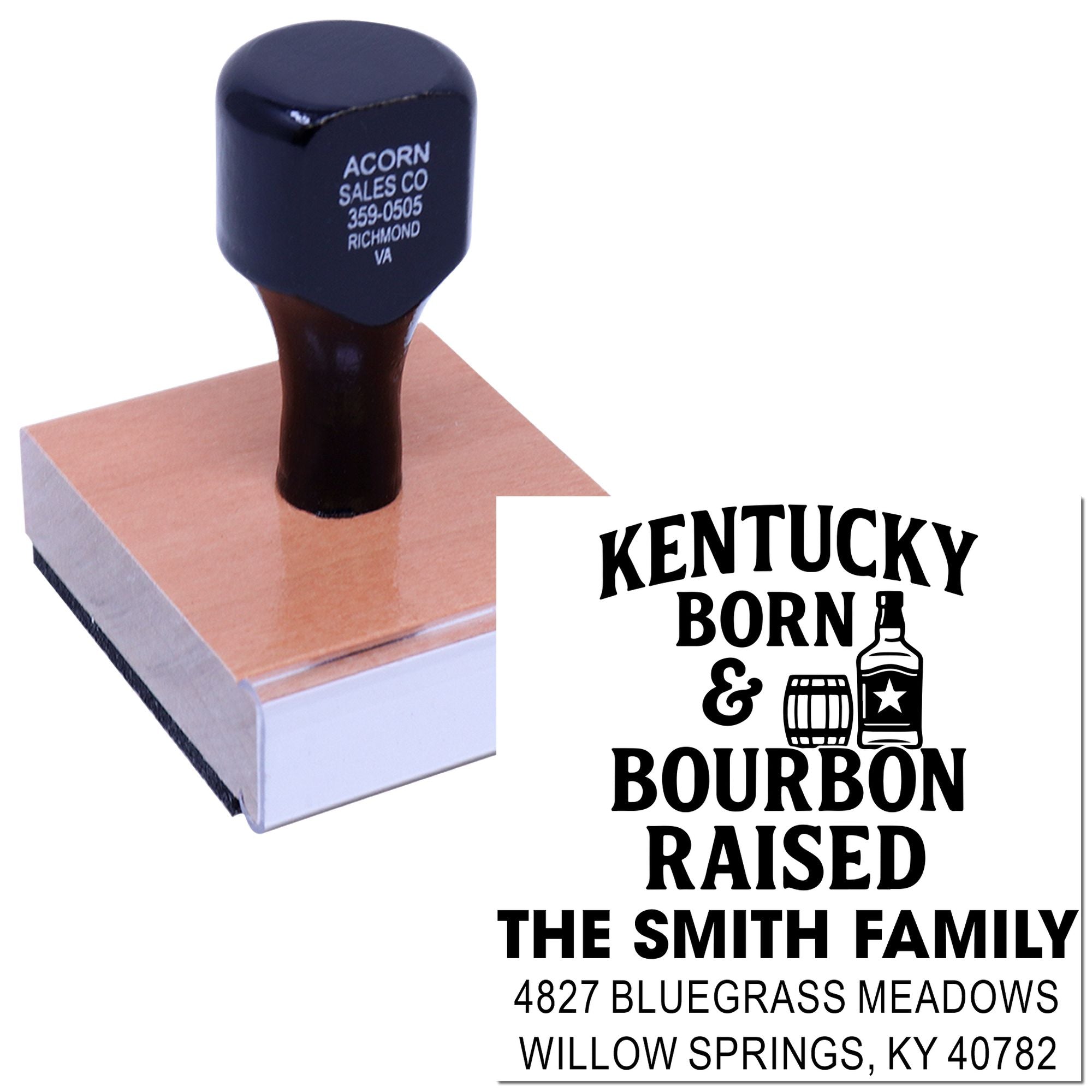 Custom Kentucky Born & Bourbon Raised rubber stamp with family name and address for personalized gifts and home bar branding.