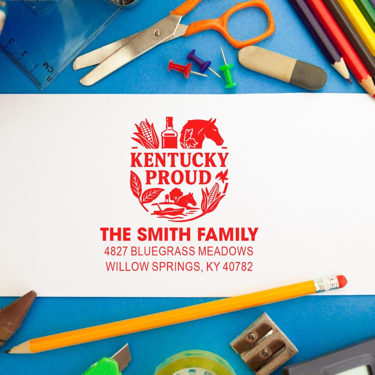 Custom Kentucky Proud rubber address stamp for The Smith Family with Willow Springs, KY return address.