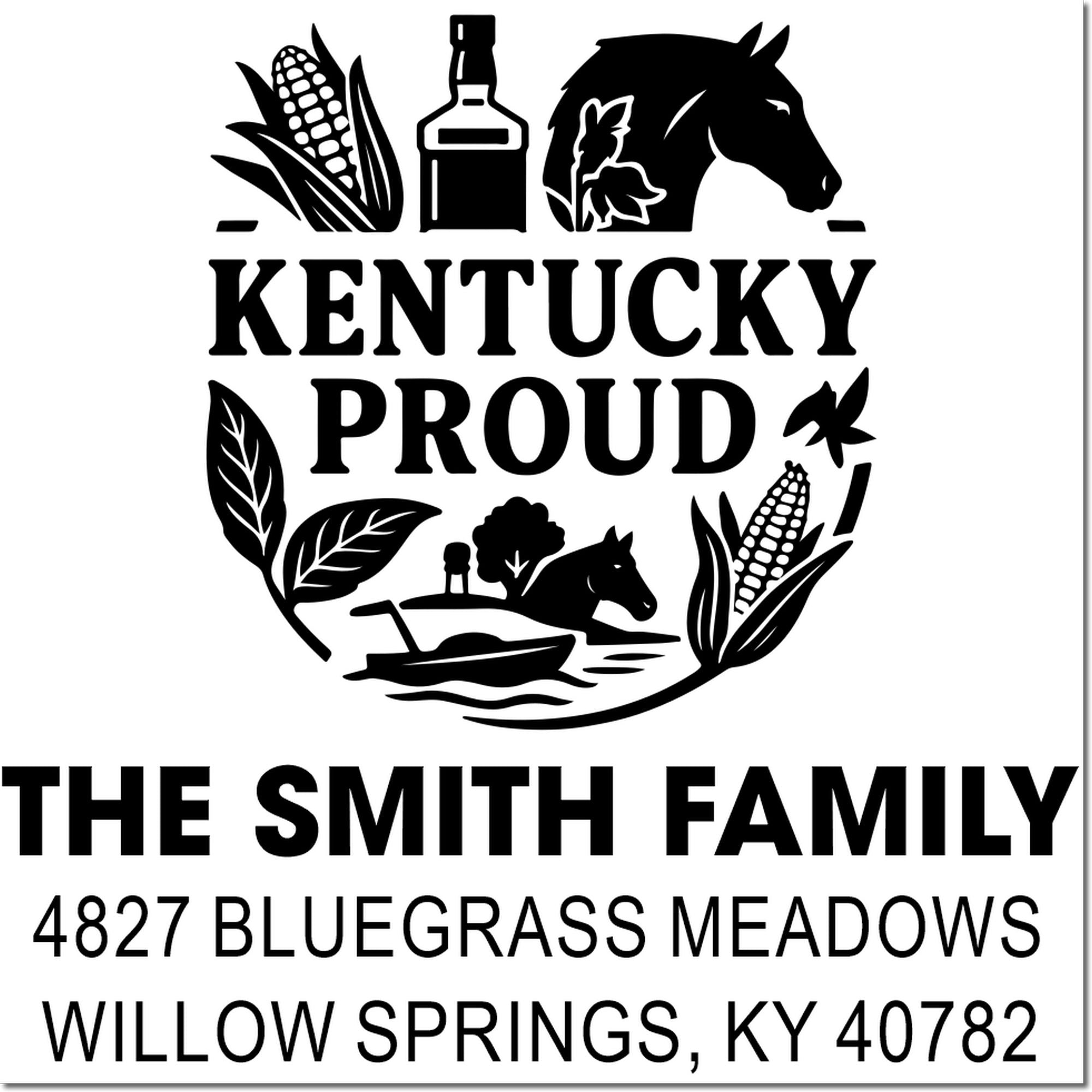 Custom Kentucky Proud return address rubber stamp for The Smith Family, Willow Springs, KY 40782, with farm icons.