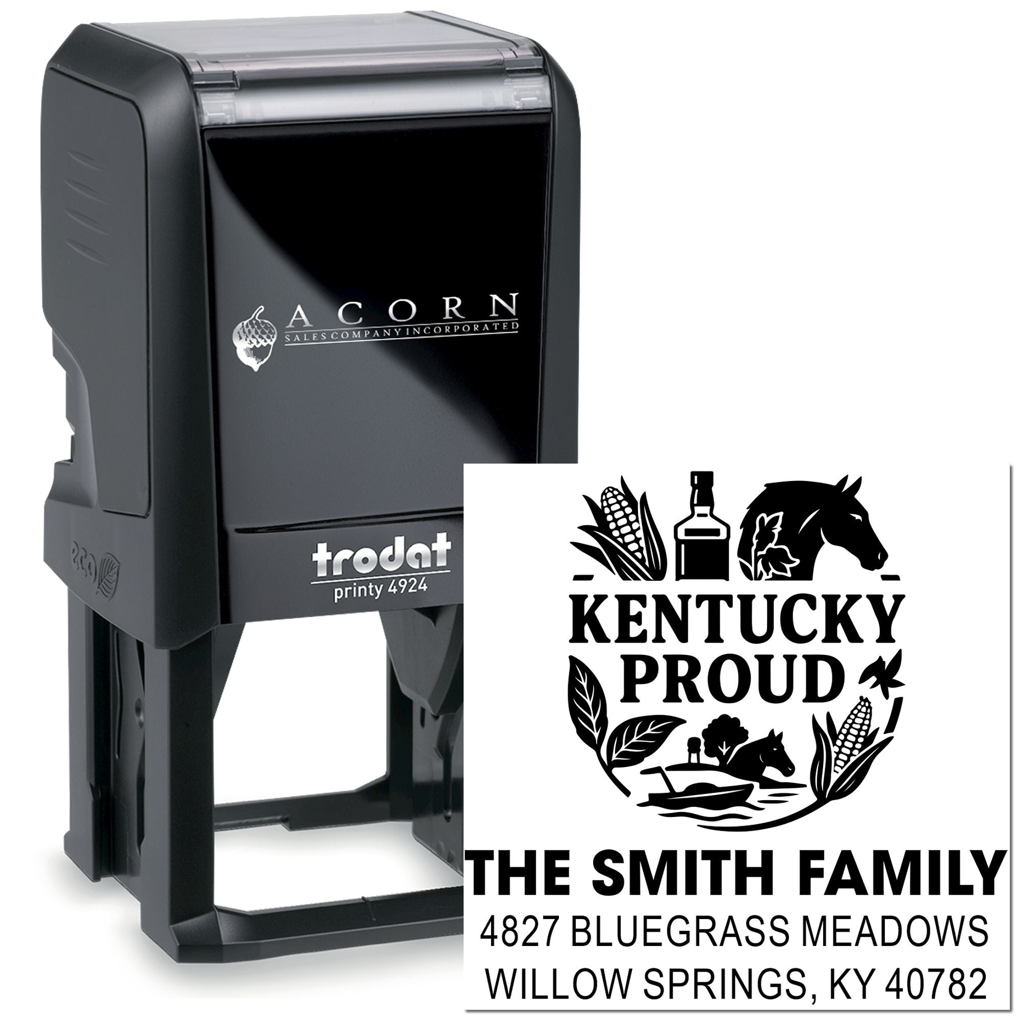 Trodat Printy 4924 self-inking rubber stamp with custom Kentucky Proud family address design for personalized mailing.