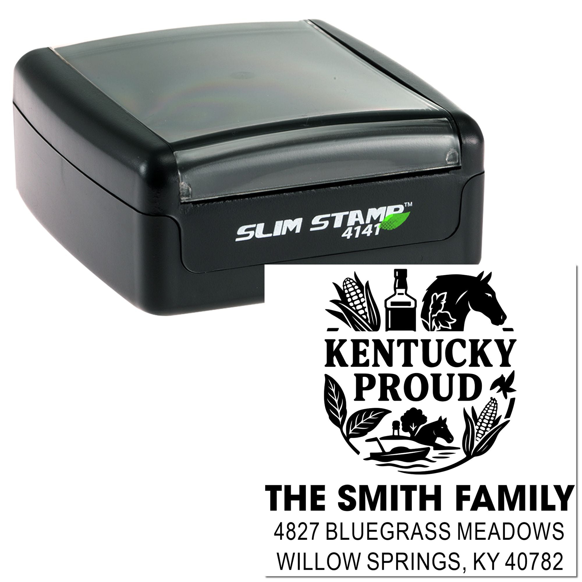 Custom self-inking Kentucky Proud return address rubber stamp with family name and address