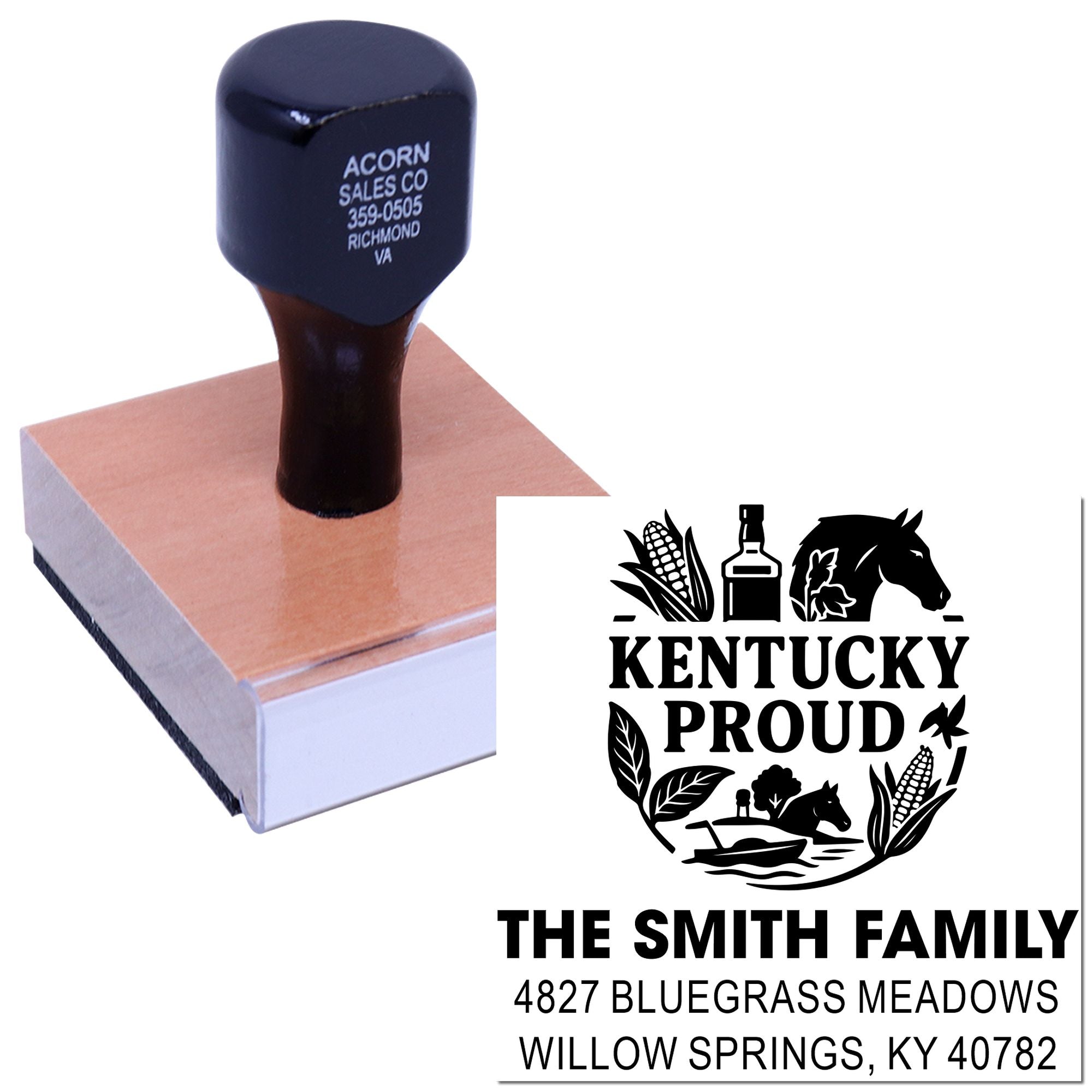 Personalized Kentucky Proud rubber stamp with The Smith Family return address and Willow Springs, KY farm-style design.
