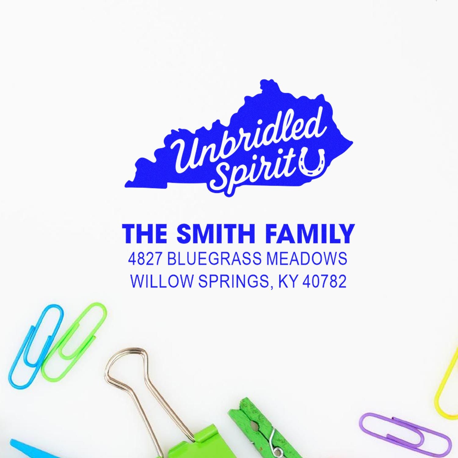 Personalized rubber address stamp with Kentucky silhouette, Unbridled Spirit, and Smith family mailing address.