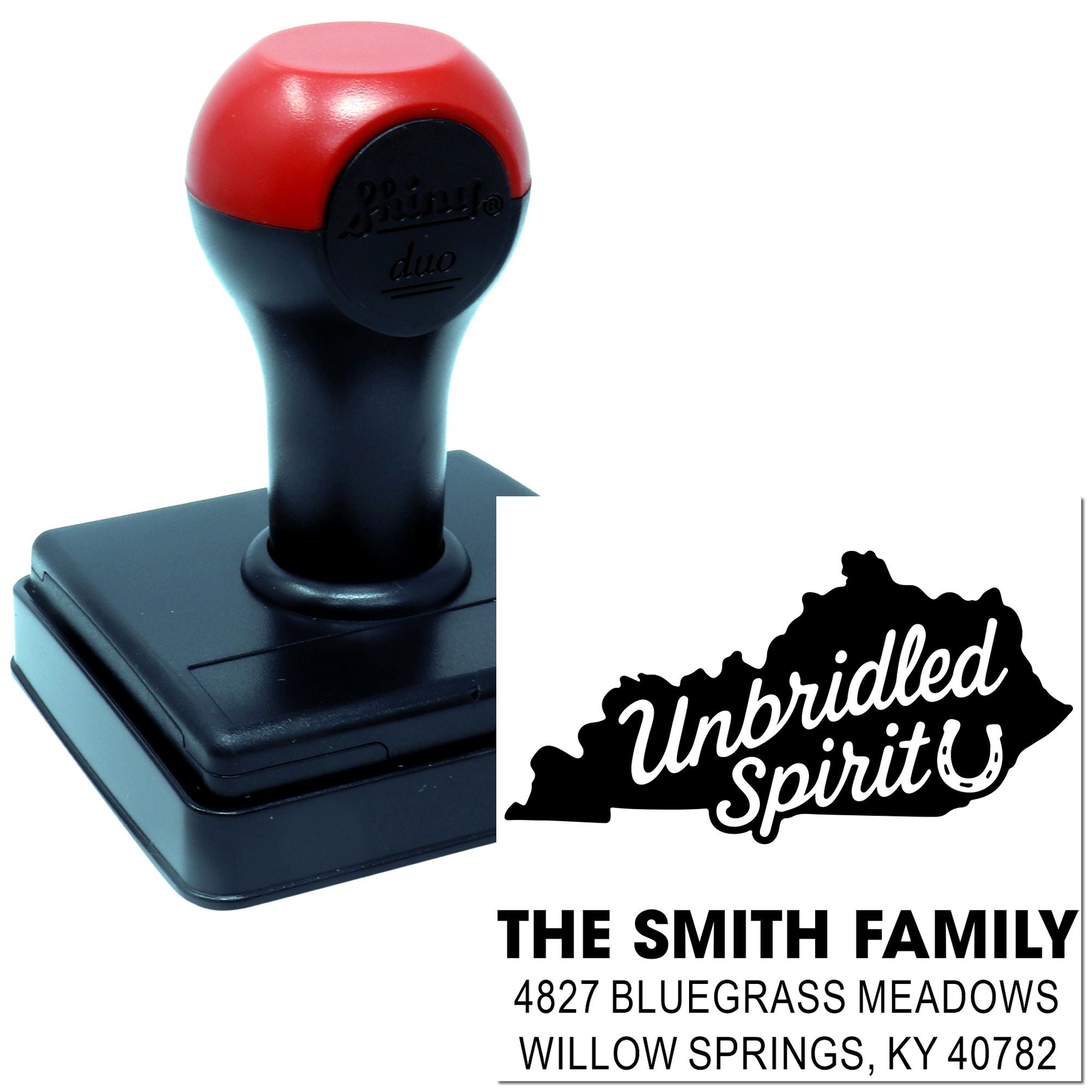 Custom self-inking rubber stamp with Kentucky Unbridled Spirit design and personalized Smith family address.