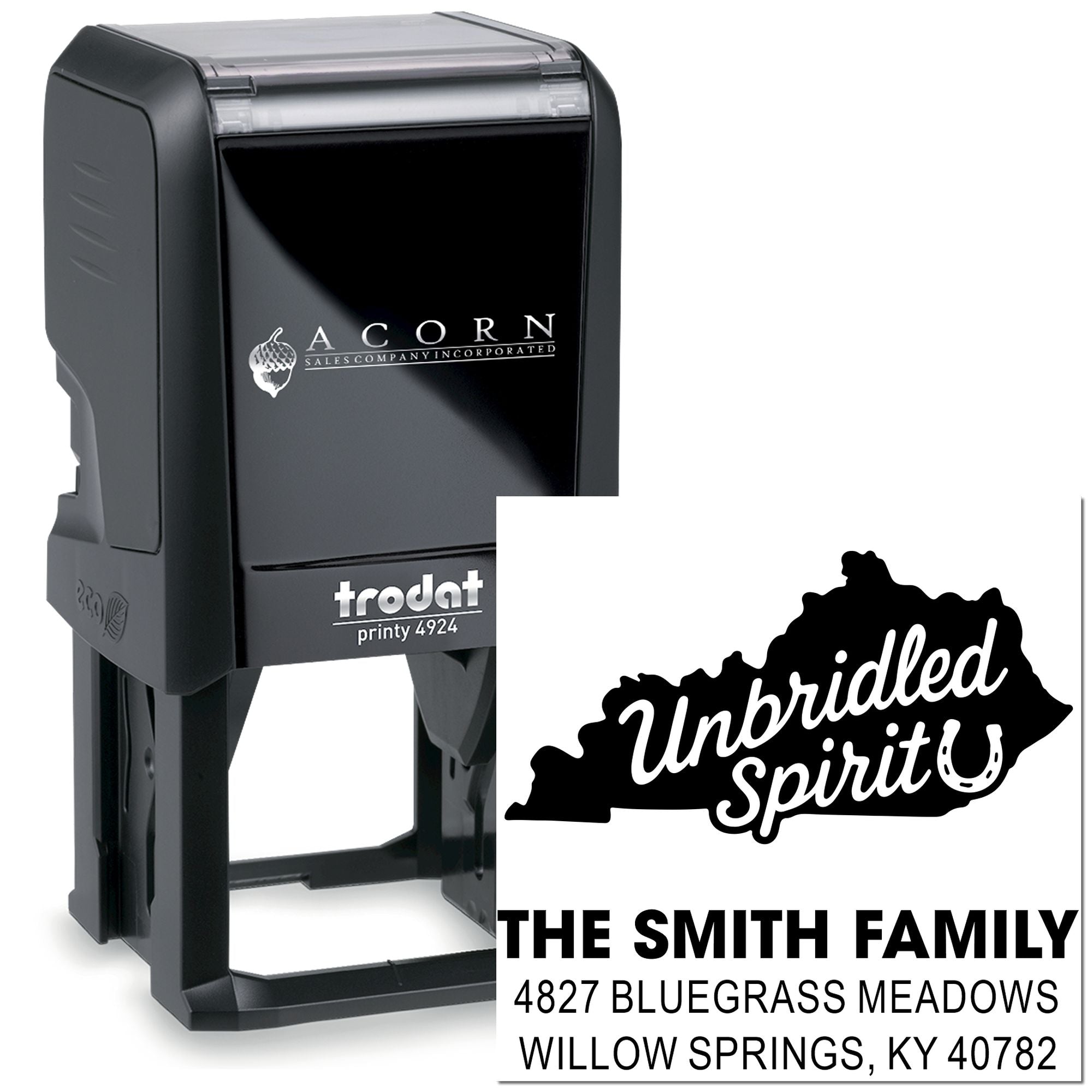 Trodat Printy 4924 custom self-inking rubber stamp with Kentucky "Unbridled Spirit" return address design for The Smith Family.