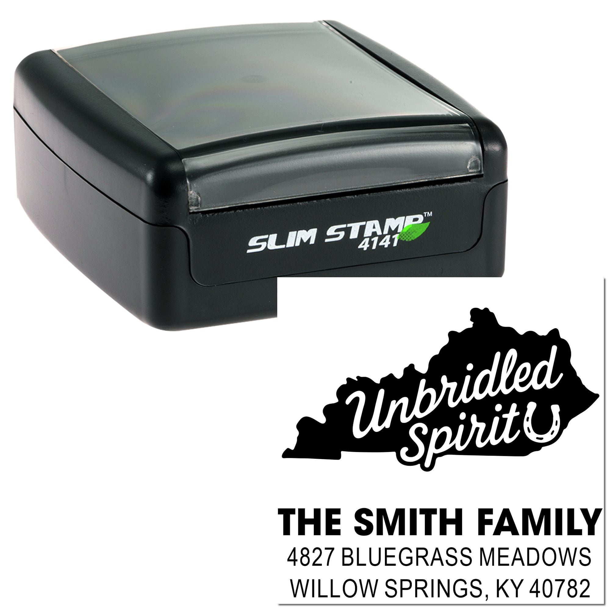 Slim Stamp 4141 custom Kentucky address rubber stamp with Unbridled Spirit state design for The Smith Family.