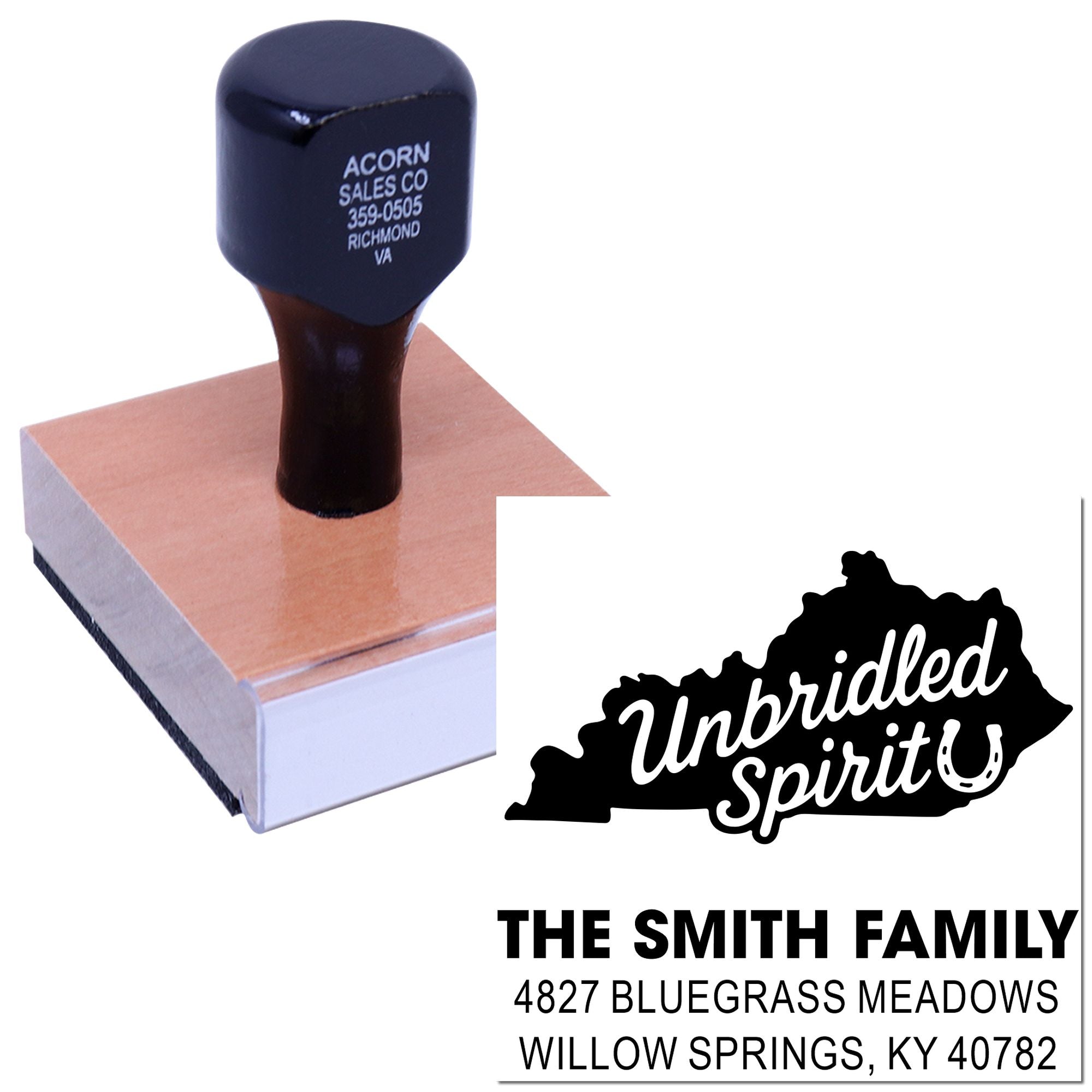 Custom rubber stamp address stamp with Kentucky Unbridled Spirit design and Smith family return address for mailing or wedding gifts