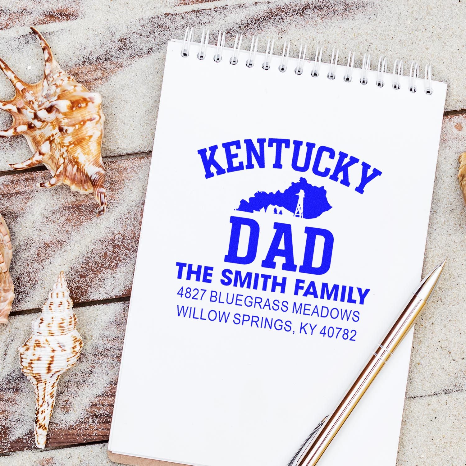 Personalized Kentucky Dad address rubber stamp with family name and Willow Springs, KY