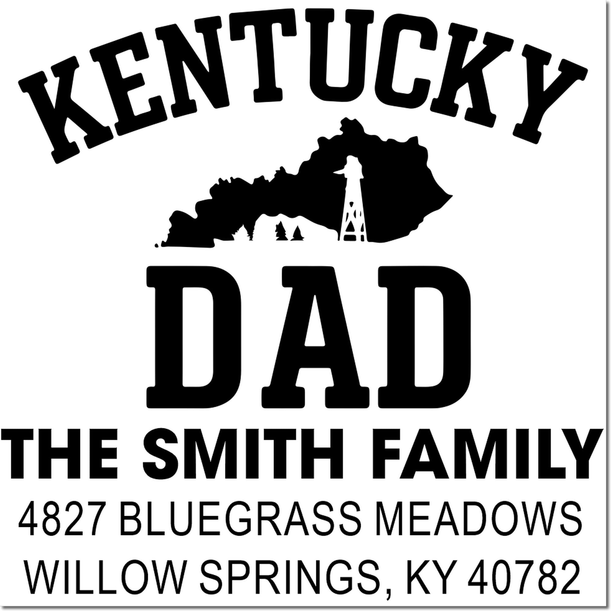 Custom Kentucky Dad address rubber stamp with Kentucky silhouette, family name, and return mailing address for envelopes